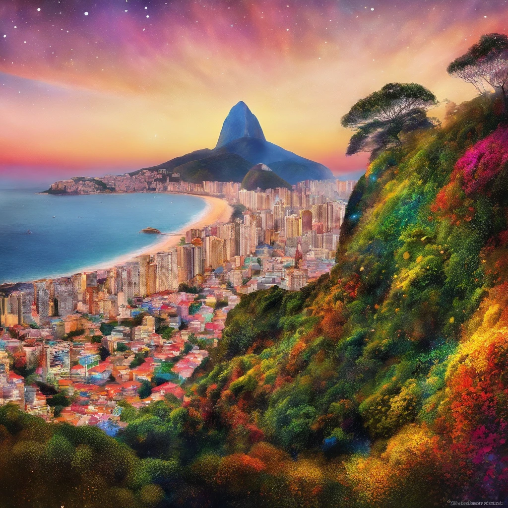 Foco suave, Aquarela gradiente brilhante, sonhador, fundo branco, garota, cafes, Praia de Copacabana, Sugar Loaf, corcovado, Favela no Morro.