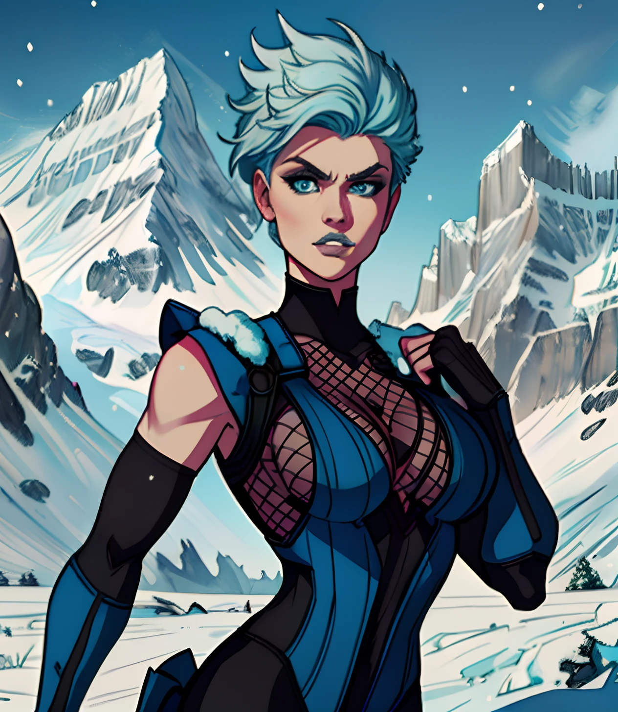 [FROST], ((Masterpiece)), ((High quality art)), ((High definition)), ((solo portrait)), ((upper body)), ((beautiful render art)), ((detailed shading)), ((intricate details)), {(Beautiful woman), (pale skin), (cute blue eyes), (spiked cyan ice hair), (beautiful lips), angry, (slightly muscular legs), (cleavage)}, {(black bodysuit), (blue folded gi), (fishnet), (blue boots)}, {(standing)}, [Background; (mountain), (snow), (grey sky), (clouds)}