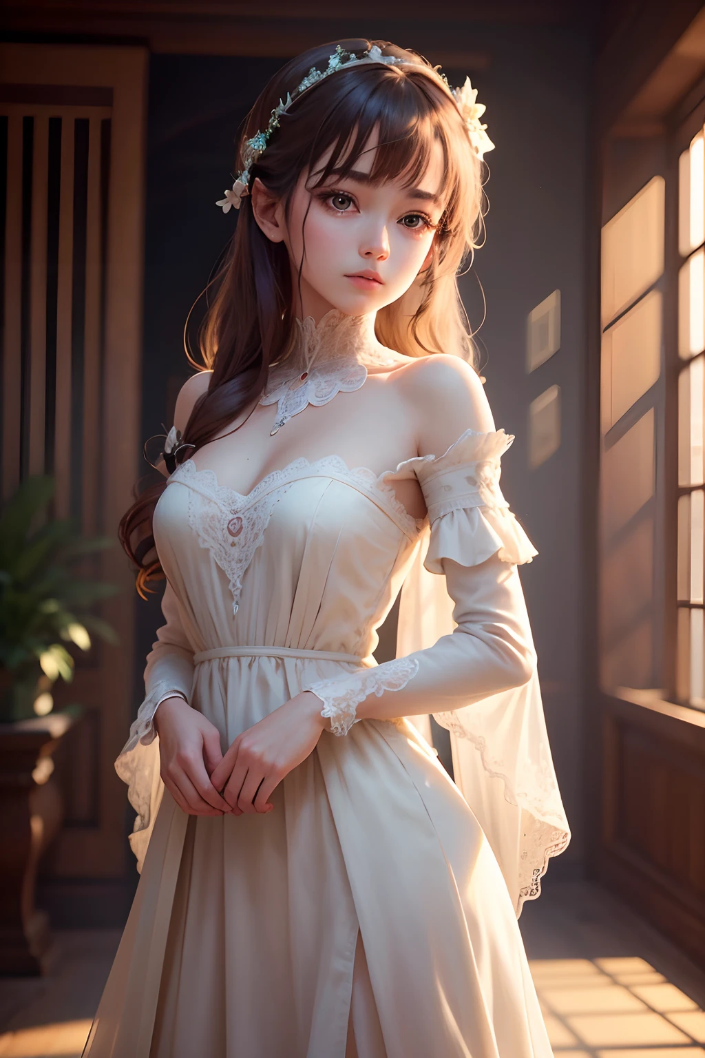 (8k, RAW photo, photorealistic:1.25), ( lip gloss, eyelashes, glossy side, shiny skin, best quality, ultra high resolution, depth of field, chromatic aberration, caustics, wide light, natural shadows, headwear, Kpop idol), (dreamy and romantic compositions: 1.5), light pink style, 1girl, (sky witch: 1.5), tall and thin beauty goddess, flowing dress, conservative girl, cloud goddess, flowing realistic fabric, wearing flowing dress, realistic, blue sky in background, (wind: 1.5), (full body: 1.5), add_detail,