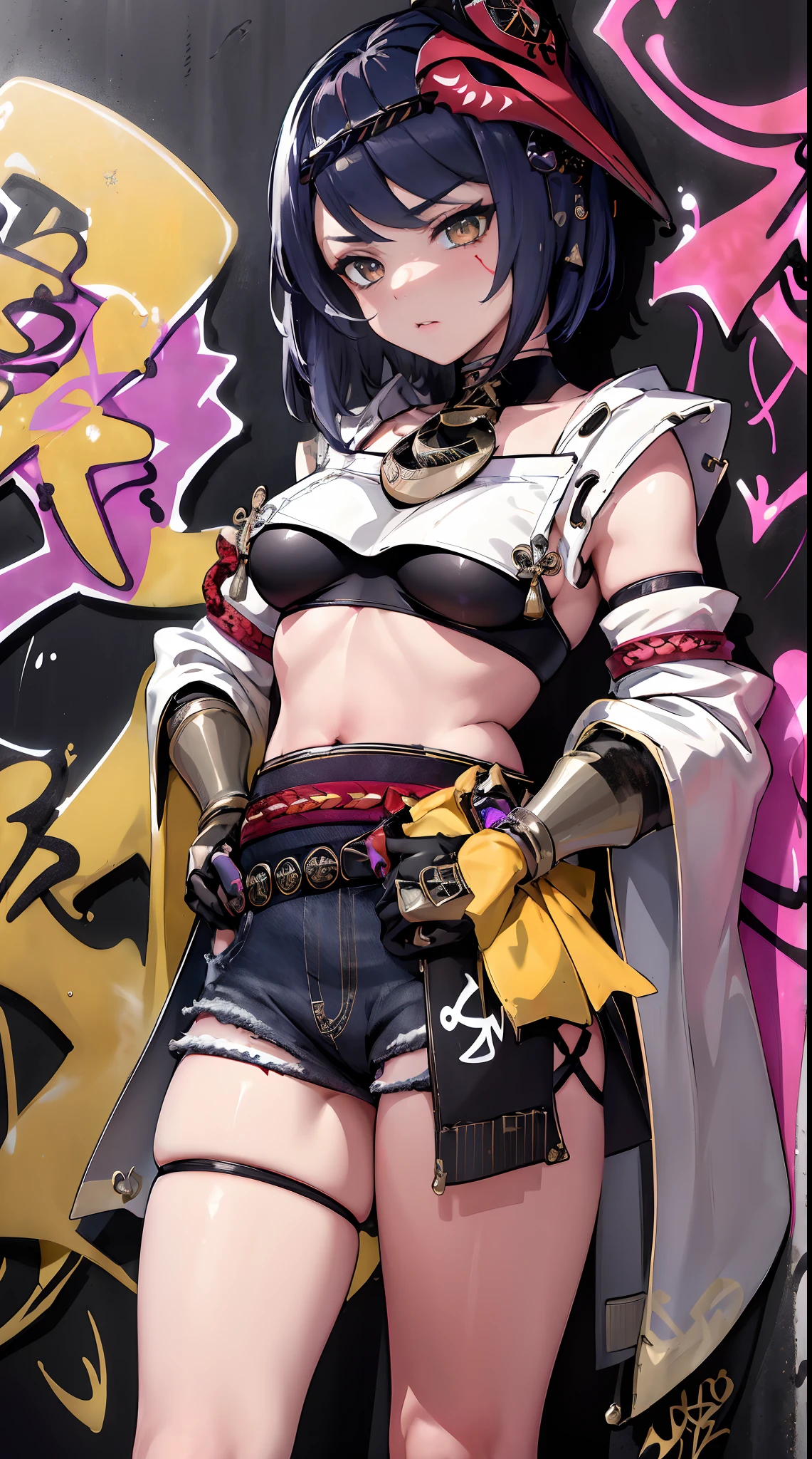 Kujou Sara Genshin Impact, masterpiece, bestquality, 1girls, bara, crop top, shorts jeans, choker, (Graffiti:1.5), color splashes, arm behind back, against wall, looking at the audience, bracelet, Thigh strap, Paint on the body..........., Head tilt, bored, multicolored hair, water eyes, headset,