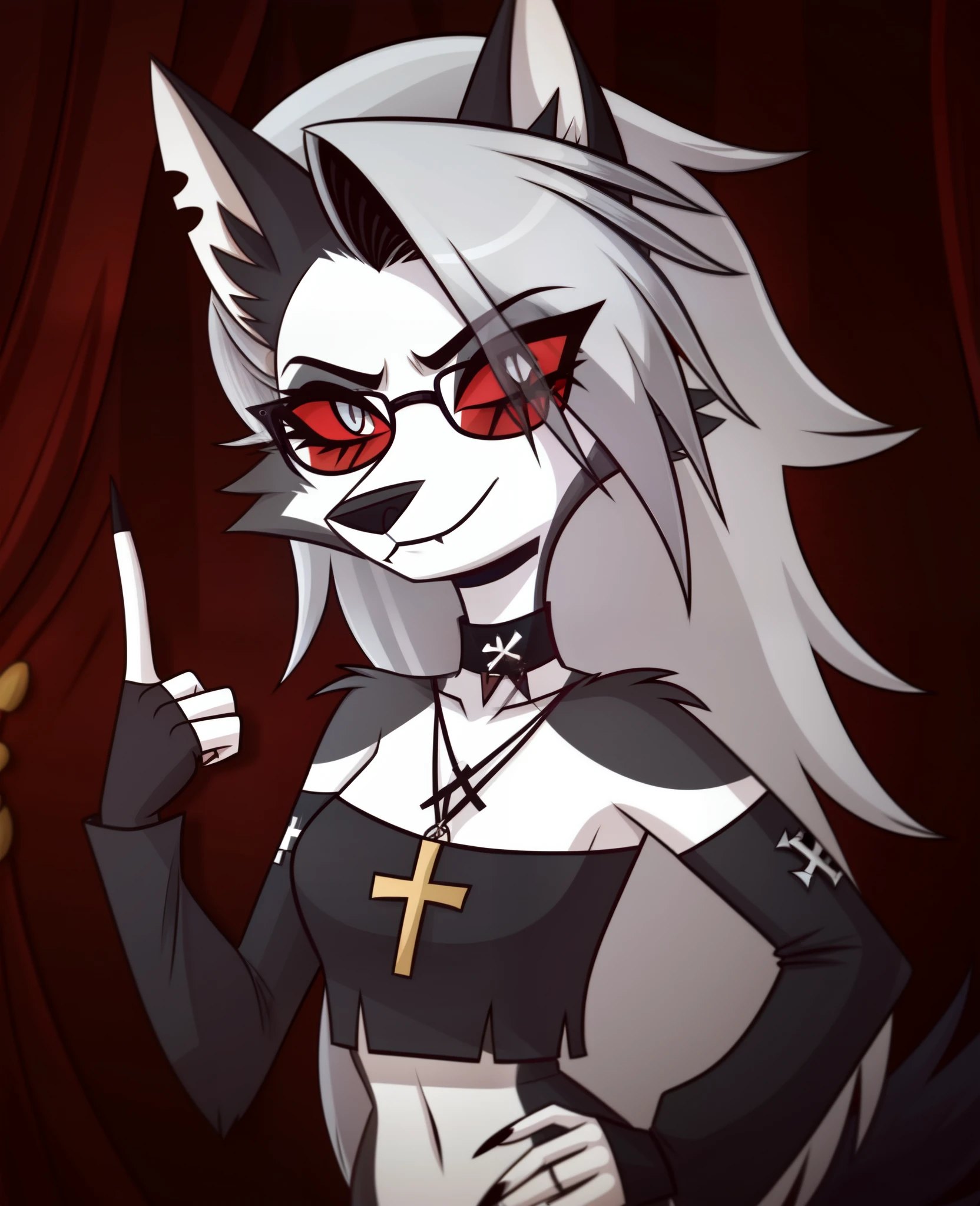 safe content, by vivzmind, mammal, canid, canid demon, demon, anthro, female, solo, eyewear, jewelry, necklace, helluva boss, gesture, hellhound, loona, choker, sunglasses, goth, cross, middle finger, official art, inverted cross, instagram