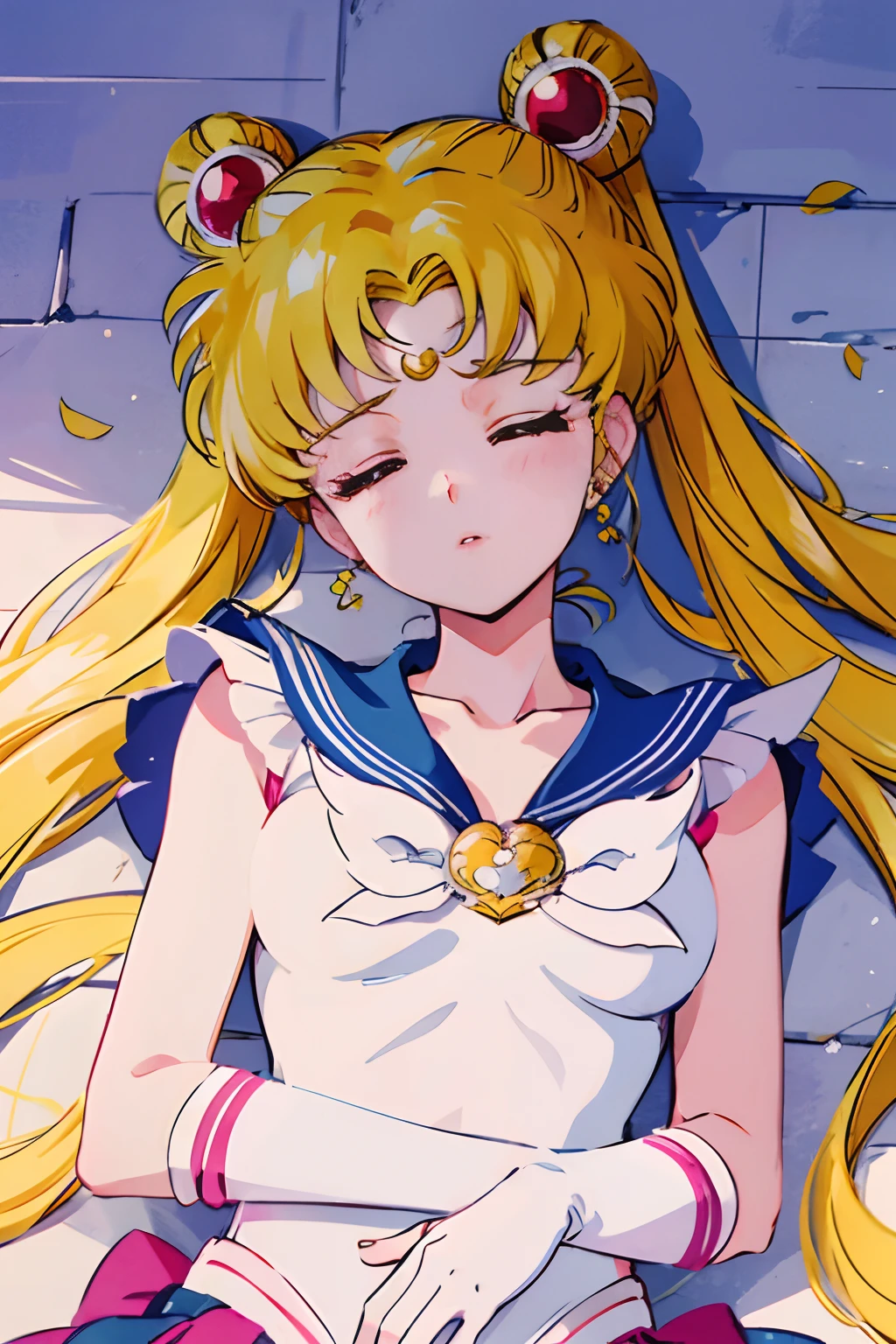 solo, eternal sailor moon, closed eyes, parted lips, lying on ground, head shot, tilt head, pain, suffering