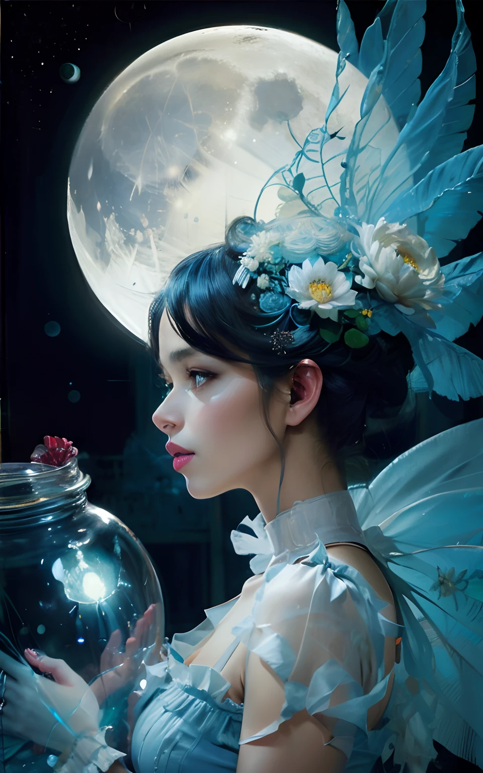 Moon fairy inside a glass jar, gossamer, blue chrysanthemum, nighttime, stardust. Fairytale, rococopunk, delicate studio artist model. Best quality, oil painting on canvas. Coby Whitmore, Ray Caesar, Lichtenstein, Fragonard, Van Gogh. Surrealism. Exquisitely detailed luminous portrait moon. Moon, clouds, waves, ocean, glow, bioluminescence. 18th century masterpiece, Vogue fashion illustration, delicate embroidery. Perfect red lips, Perfect face, delicate face, perfect eyes, detailed pupils. By Maya