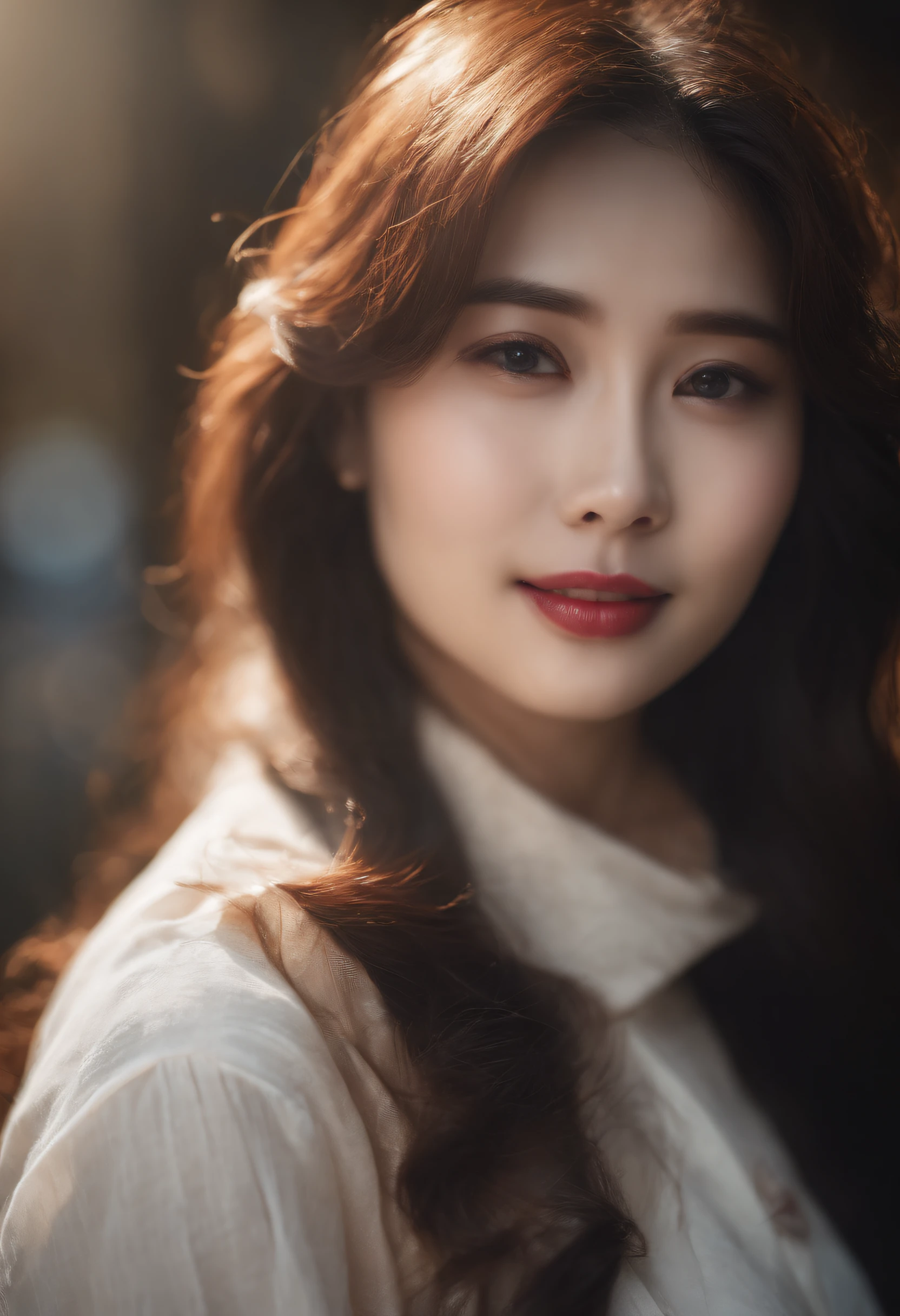 Best Quality, masuter piece, Ultra High Resolution, (Realistic、、、、、: 1.4), Original photo, (True skin texture: 1.3), (Film grain: 1.3), the panorama, Portrait, Very wide lens, narrow waists, denim lens, (In the Dark, Deep Shadows, Low Profile, cold light,) Night, close-up, Teardrops,shorth hair、the neck is long、Put your ears out、Bangs、Big eyes、bright color eyes、in a house, Dust, Tyndall effect,(expression), Sitting, (against a wall), (looking-down), uptight, Teardrops,Smile happily、1 girl staring at the camera, Beautiful detailed eyes and face, White Jabot, Pink Dark V, Brown eyes,