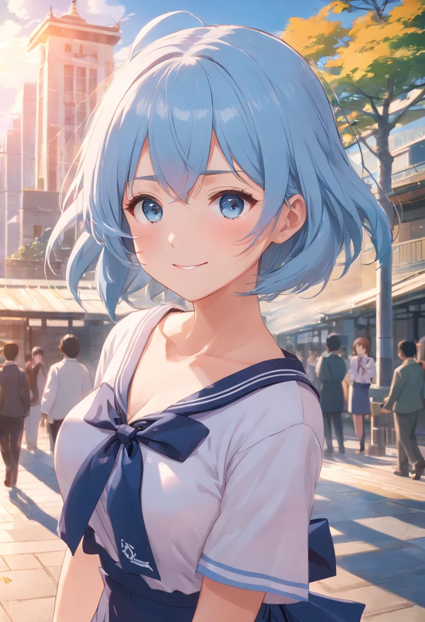 The chest is particularly large, schoolgirl, sailor school uniform, Japanese schoolgirl, 
smiling,  ((blushing)), close-up, pov, focused in face and chest, (Masterpiece, Top quality, Perfect anatomy, Beautiful face, Realistic, Super detailed, 1 girl, 18 Ears of Old Age solo, Depth of field, Canon 24mm lens, F1.4, Cute_Girl, neck choker, Clear facial features,, large breasts, huge breasts, Slender height, 180cm tall, Barefoot, short light blue hair, blue eyes , Gravure pose, indoor, city park Blurred background, (uwabaki: 1.1576),