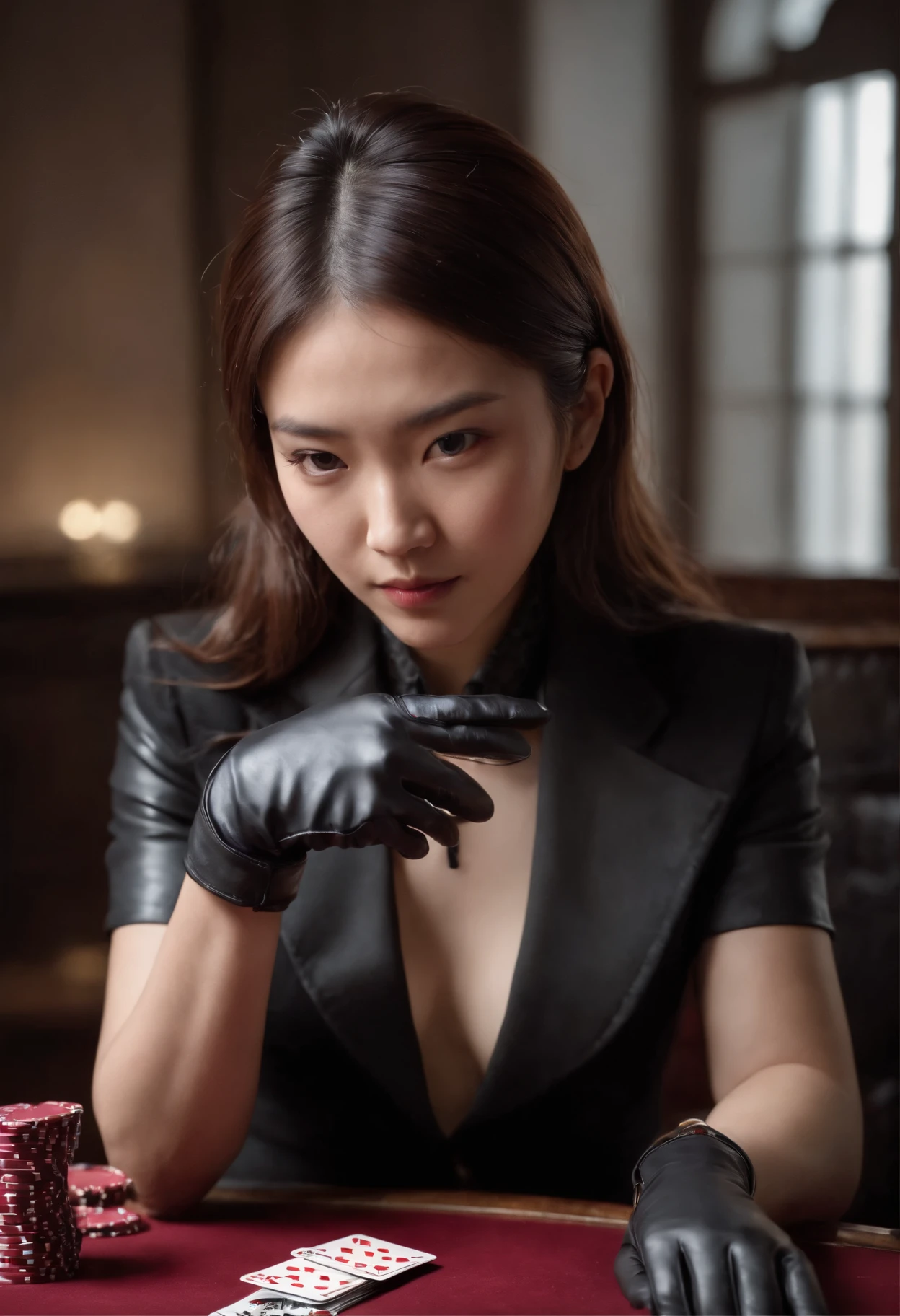 A young Japanese woman with a black suit up to a shirt and playing cards with black leather gloves