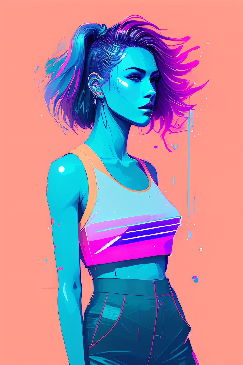 snthwve style nvinkpunk award winning half body portrait of a woman in a croptop and cargo pants with ombre navy blue teal hairstyle with head in motion and hair flying, paint splashes, splatter, outrun, vaporware, shaded flat illustration, digital art, trending on artstation, highly detailed, fine detail, intricate
