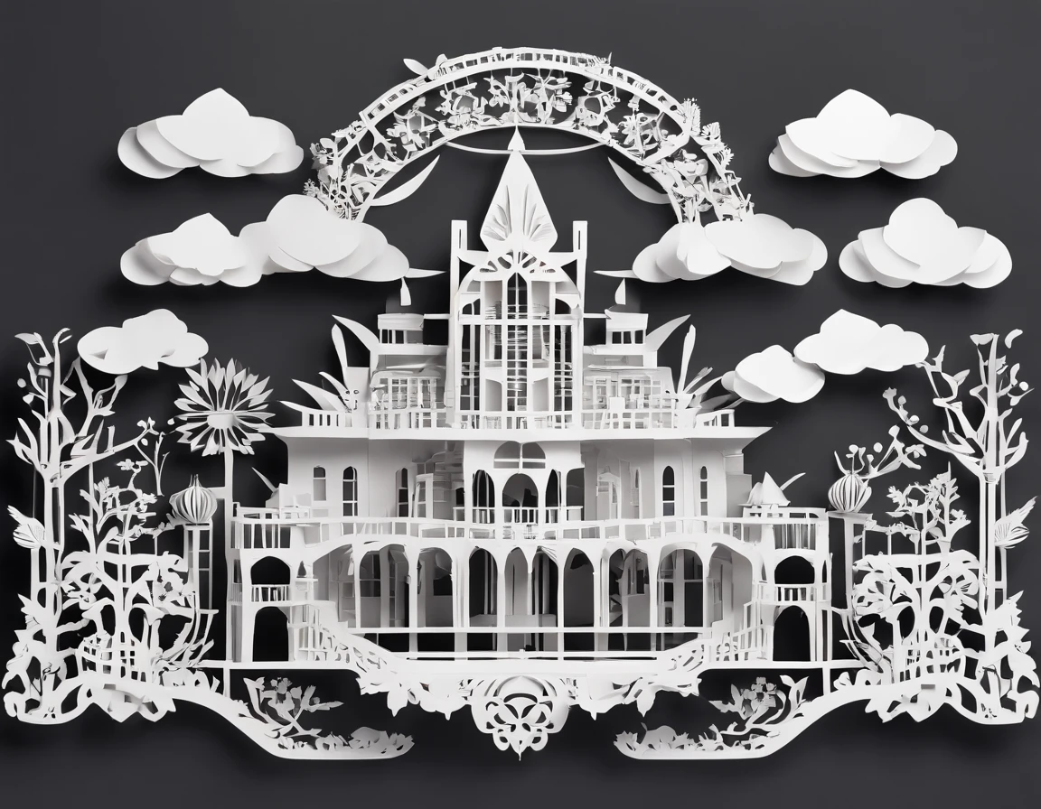 (Paper-cut Art:1.6), three-dimensional undulations. Heart-warming, fantasy, Kawaii, Clouds, airships,(best quality,4k,8k,highres,masterpiece:1.2),ultra-detailed,(realistic,photorealistic,photo-realistic:1.37), Simple back ground,