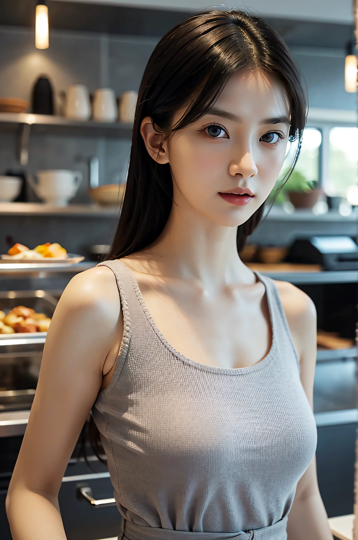 Very beautiful and detailed description、super realistic details、masterpiece、top-quality、 (((very fair and very beautiful skin)))、9 Small face beautiful woman with body body、symmetrical and very large beautiful eyes、The nasal muscles are passing through、 Overall thin and very thin except for big breasts, Big breasts with good shape、(Narrow shoulders and waist), sleeveless knitted dresses, flat lighting, Cafe clerk,