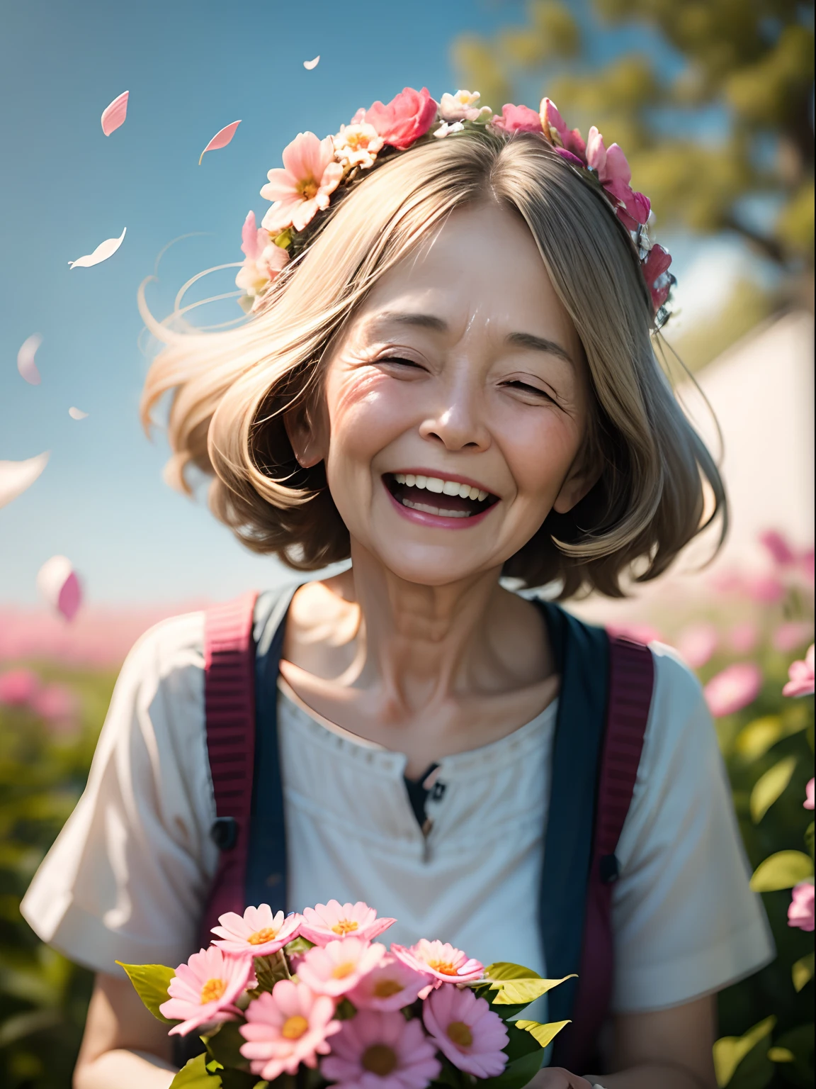 The grandmother laughed happily,Petals flying,Light wind