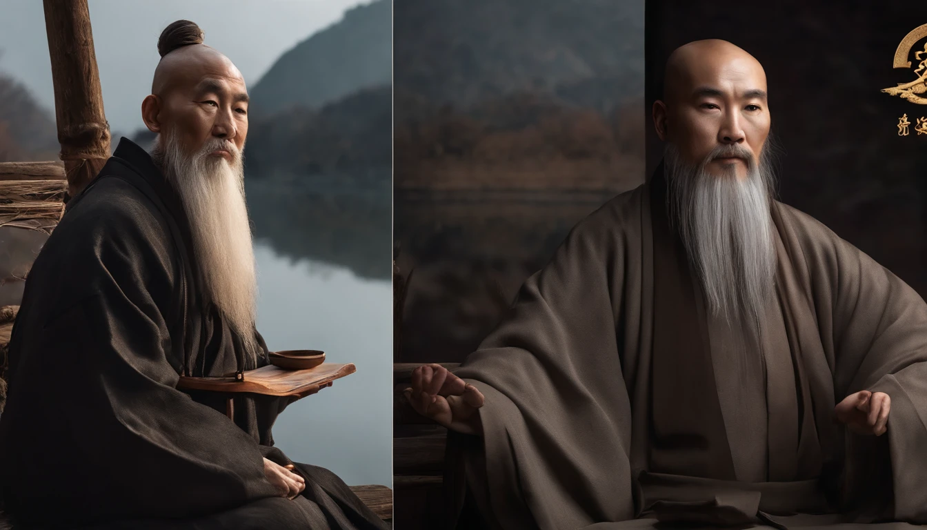 A Taoist with a long beard,There is a bun on the top of the head，Monk customs，inspired by Wu Daozi, monk portrait, Taoist master, portrait photo of an old man, Inspired by Hu Zaobin, inspired by Hu Zao, Long white beard, inspired by Li Cheng,high-definition picture quality