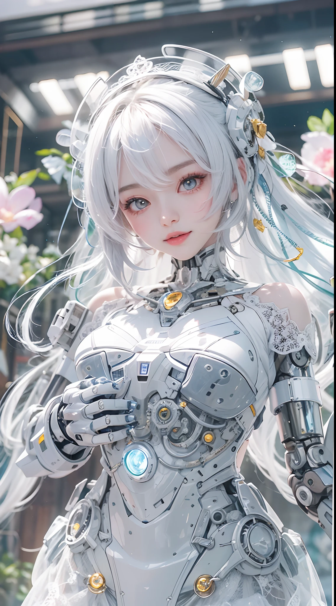 Girl robot married in Japan,Mechanical limb,Mechanical torso,Made of shiny white and silver translucent glass and plastic, Delicate lace dress, joyful expressions, , Vibrant colors, sakurabackground, Bright sunlight。