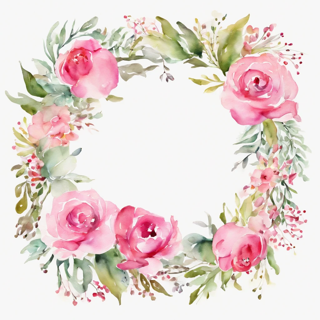 wreath, Floral frame, Delicate watercolor flowers in pink and bright rose shades, Captivating illustrations.