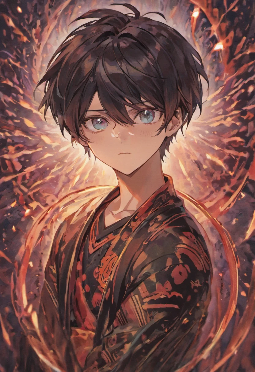 Anime man with black hair and light eyes. He is a tattooed cult leader,Covered in bandages,The background is blurry.