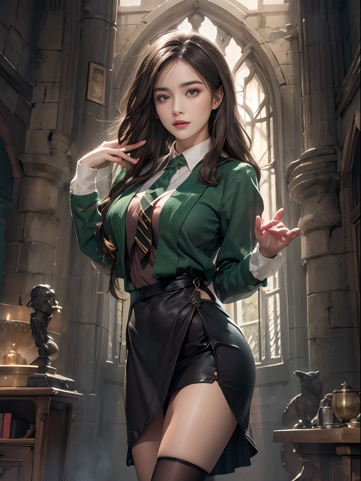 Photorealistic, high resolution, 1womanl, Solo, Hips up, view the viewer, (Detailed face), Hogwarts uniform, hogsks, Slytherin，blackstockings