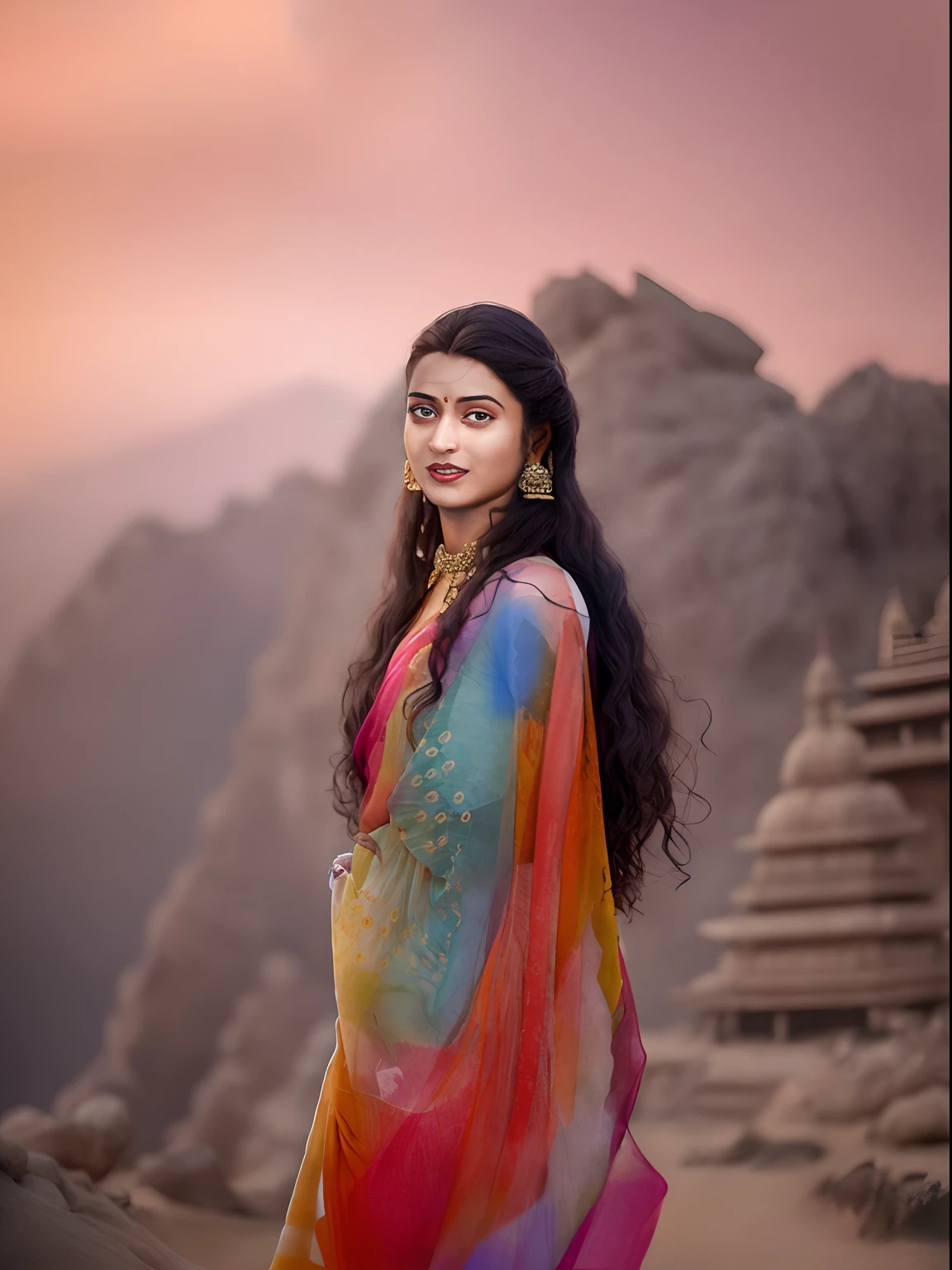 arafed woman in colorful sari standing in front of a mountain, matte painting portrait shot, indian goddess, a stunning portrait of a goddess, beautiful goddess, beautiful young himalayan woman, movie stills photography, portrait of a beautiful goddess, color photograph portrait 4k, beautiful himalayan woman, cinematic goddess shot, traditional beauty, dressed in a sari, with beautiful colors