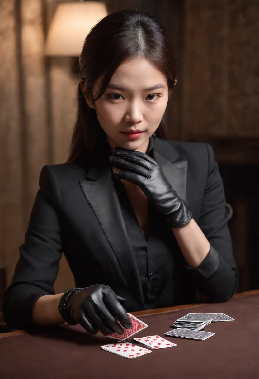 A young Japanese woman with a black suit up to a shirt and playing cards with black leather gloves