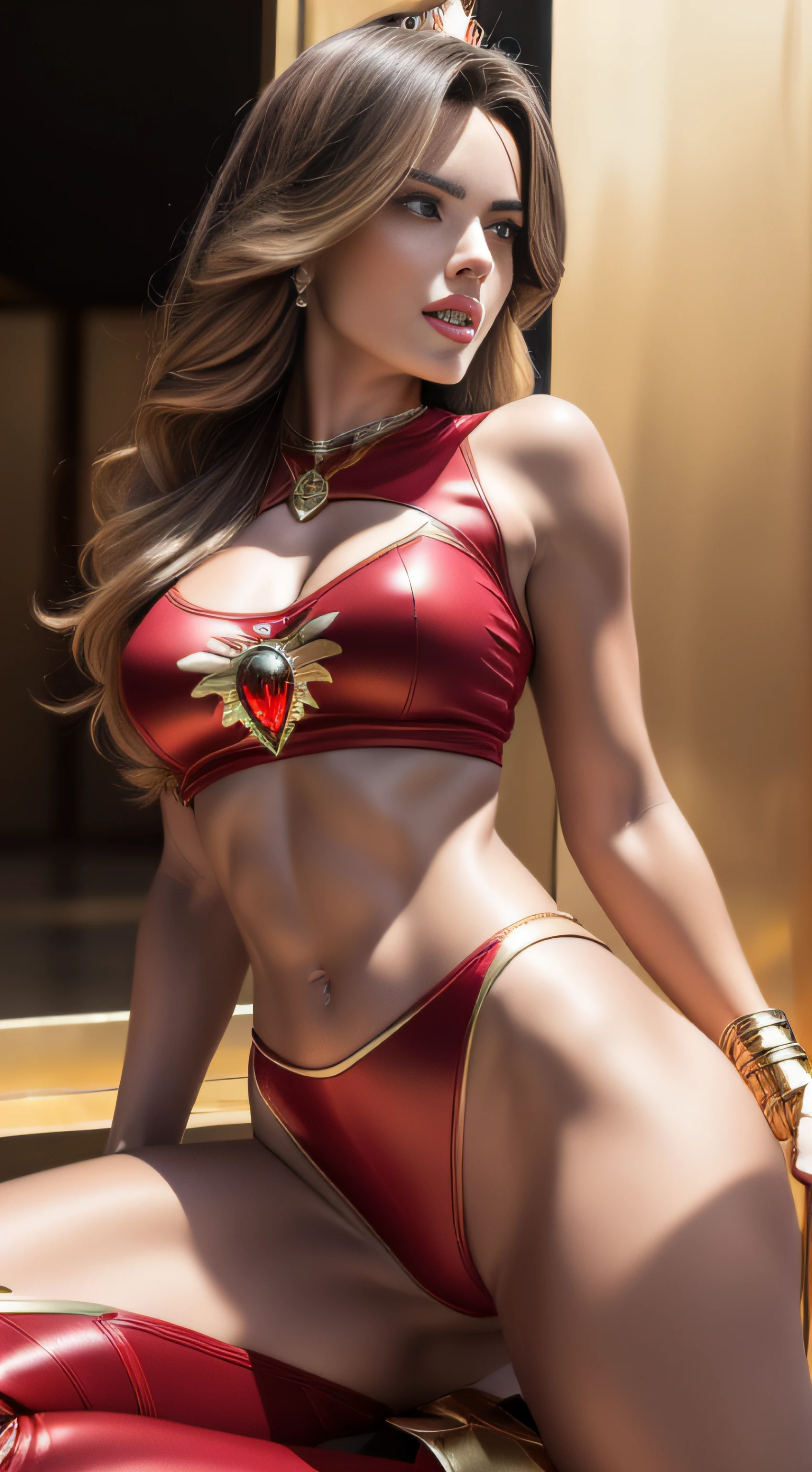 (Masterpiece, 4k resolution, ultra-realistic, very detailed) sexy beautiful izabela ion  as beautiful female superheroine ,, red sleeveless crop shirt, with a golden Star, midriff wears (a golden tiara with a red gem on forehead) , golden bracelets, long red boots, and small red shorts in the style of realism, glistening skin, , natural lighting,  sexy pinup