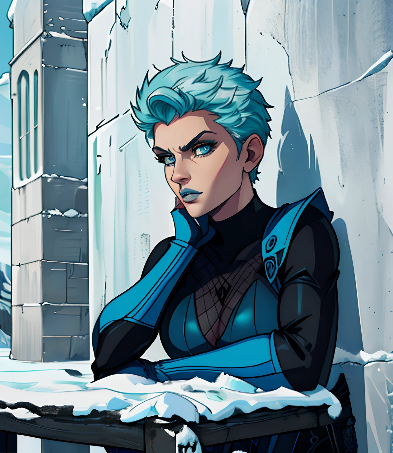 [FROST], ((Masterpiece)), ((High quality art)), ((High definition)), ((solo portrait)), ((upper body)), ((beautiful render art)), ((detailed shading)), ((intricate details)), {(Beautiful woman), (pale skin), (cute blue eyes), (spiked cyan ice hair), (beautiful lips), angry, (slightly muscular legs), (cleavage)}, {(black bodysuit), (blue folded gi), (fishnet), (blue boots)}, {(sitting on wall)}, [Background; (mountain), (snow), (grey sky), (clouds)}