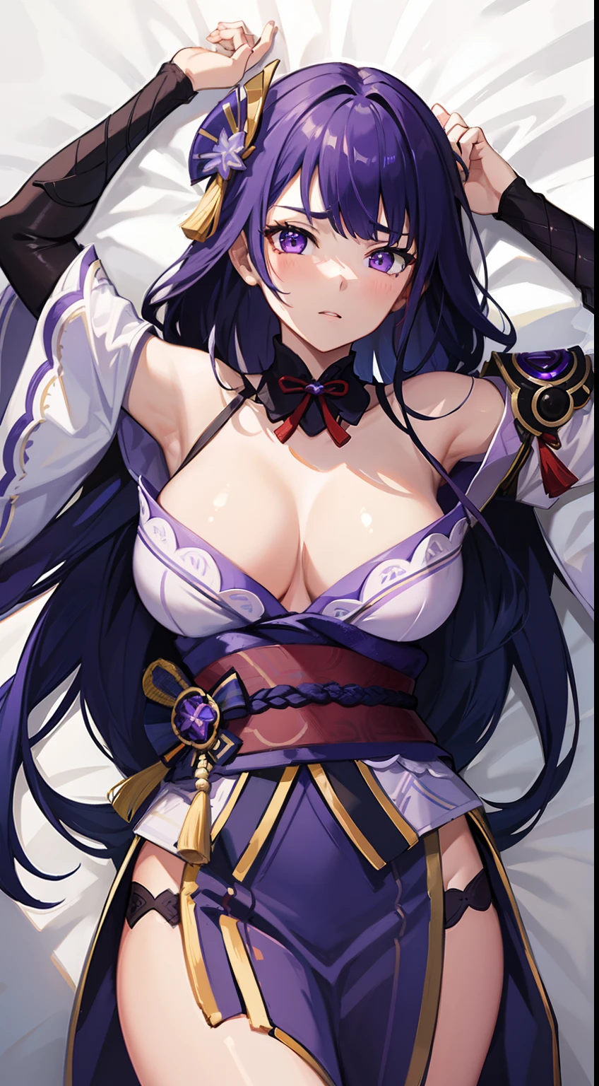 (masterpiece, best quality),1girl, raidenshogundef, raidenshogunrnd, arms up, lie on bed, full body, 1girl, official, purple eyes, long hair, best quality, ultra detailed, solo, love in eyes, angry, blushing, perfect anatomy, big breasts