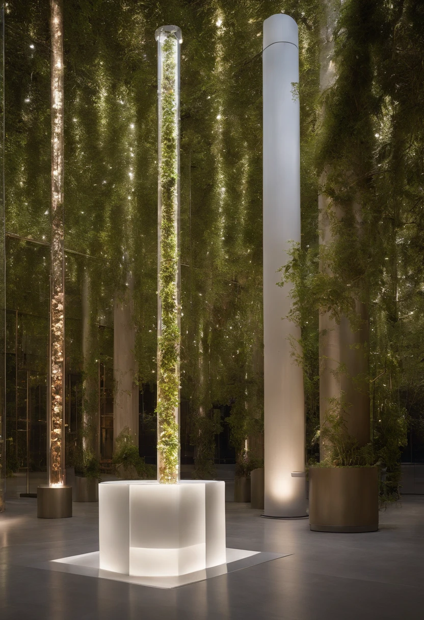 Place as a tree in a dimly lit space, and place a ring of stainless steel columns of different heights on the periphery,Above the pillar is a transparent acrylic cube that stores different kinds of medicinal herbs,Different specimens of Chinese herbal medicine are placed in the squares, suspended in the column,Tubes, shaped like branches, are linked to the pillars on the ground