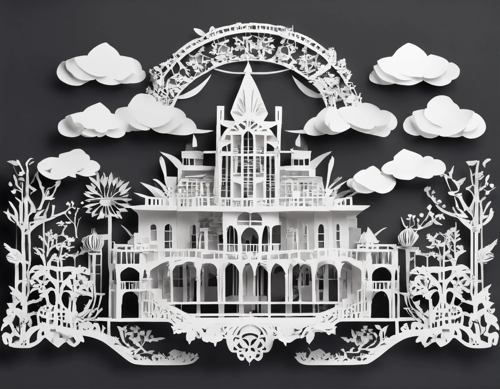 (Paper-cut Art:1.6), three-dimensional undulations. Heart-warming, fantasy, Kawaii, Clouds, airships,(best quality,4k,8k,highres,masterpiece:1.2),ultra-detailed,(realistic,photorealistic,photo-realistic:1.37), Simple back ground,