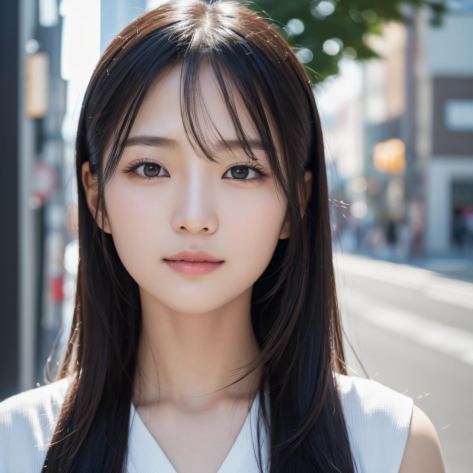 (long shot:0.3), (Korean:1.1), (Japanese:1.3), 1 girl, city, long black hair, show background, 35 years old, wearing stylish clothes, masterpiece, 8K, (Realistic, Photorealistic:1.37), (highly detailedskin:1.2), Ultra-high resolution, (lenz 50mm), (Looking to viewer:1.5), (Natural lighting:1.3), seductive smile, (high face detail:1.3), (Fine Face),(Fine Eyes), (Clear Face), (Detailed Face Description), (Detailed Hand Description), Extreme Light and Shadow, Shiny Skin,
