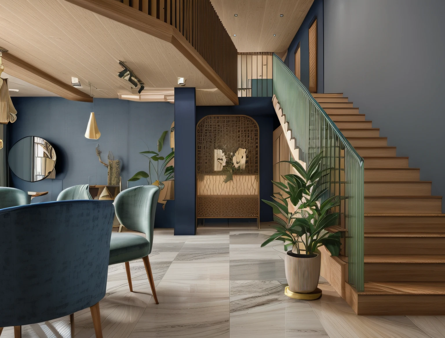 RAW photo, interior classic style, (high detailed skin:1.2), 8k uhd, dslr, (natural light:1.2), high qualityPlease generate a detailed and unique image of the living room in a Japandi-style apartment. The room should embody the essence of Japandi with warm and bright natural wood tones, emphasizing the wood's beautiful grain patterns. The floor should consist of opulent tiles or luxurious marble cladding with elegant cloud-like patterns. Incorporate both modern LED lighting and a contemporary chandelier to create a well-lit space. The sofa, ideally in a refined textile, should complement the interior furnishings. Choose modern, sleek curtains in a sophisticated shade of navy blue to create a contemporary contrast. Ensure that the room is flooded with authentic and crisp natural light, enhancing the colors and textures of the interior elements. To introduce a unique twist, incorporate a monochromatic wood paneling that spans the walls. Decorative elements in pastel blue, moss green, deep plum, and other standout colors should be strategically placed throughout the room. Please ensure that the room radiates an atmosphere of Japandi harmony, sophistication, and creativity, where the interplay of natural light, wood textures, and unique color accents creates a stunning representation of the Japandi apartment living room