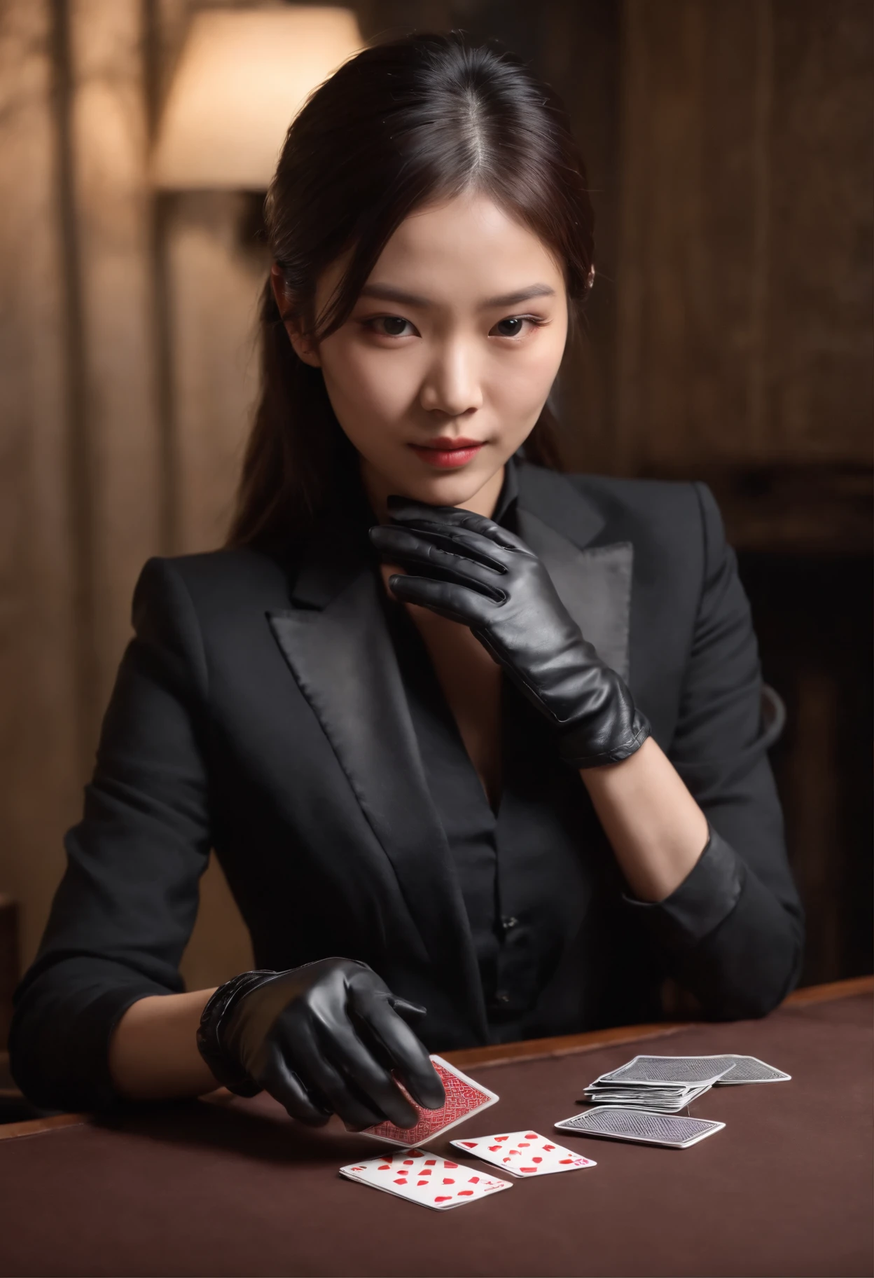 A young Japanese woman with a black suit up to a shirt and playing cards with black leather gloves on both hands