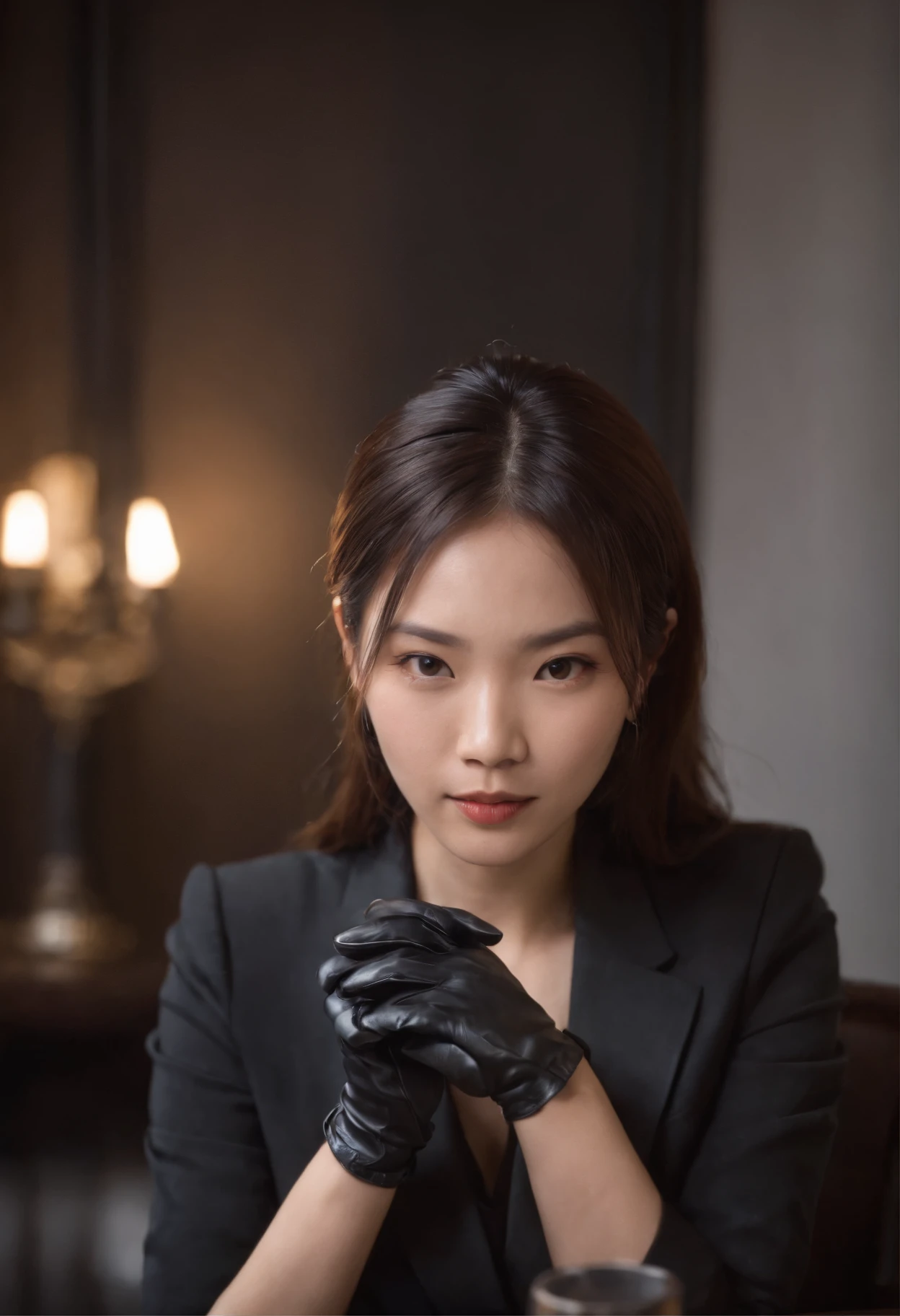 A Japanese girl in a black suit holding a gun with both hands in black leather gloves
