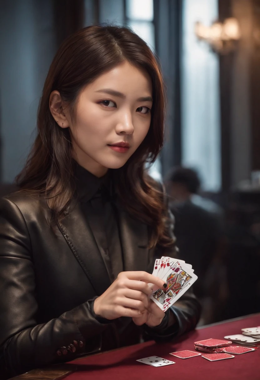 A young Japanese woman with a black suit up to a shirt and playing cards with black leather gloves on both hands