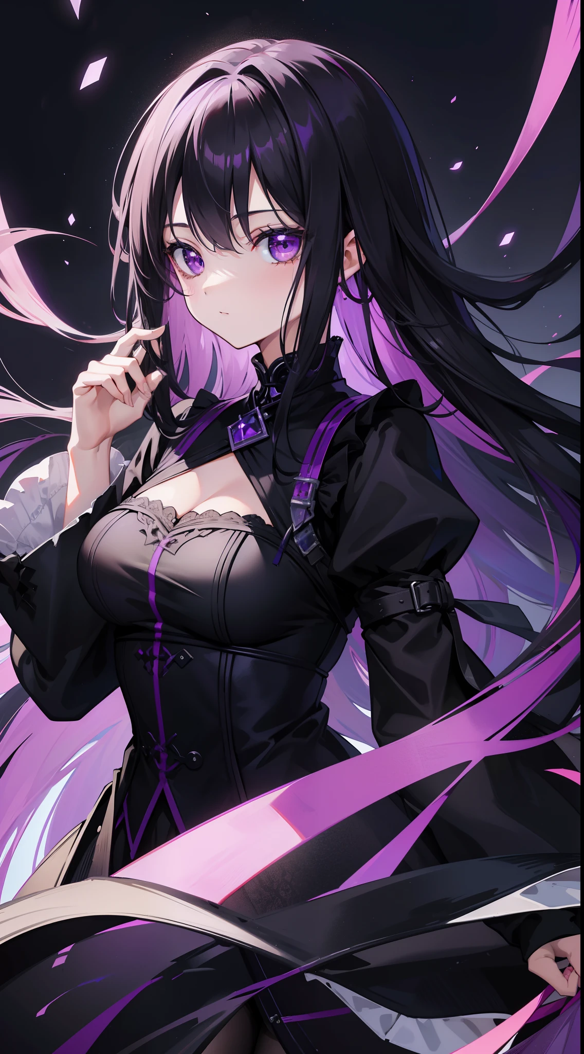 One girl, facing front, (standing: 1.1), whole body, perfect eye, smiling, long hair, white background, jewelry, smiles, jacket, deep purple and black, earrings, deep purple gradation Eyes, necklaces, sideways, sweaters, lips, eyelashes, makeup, long straight hair, earrings, diamonds, lipstick, earrings, eye shadows, hoop earrings, pink lips, purple theme, purple eyeshadow, heel pumps