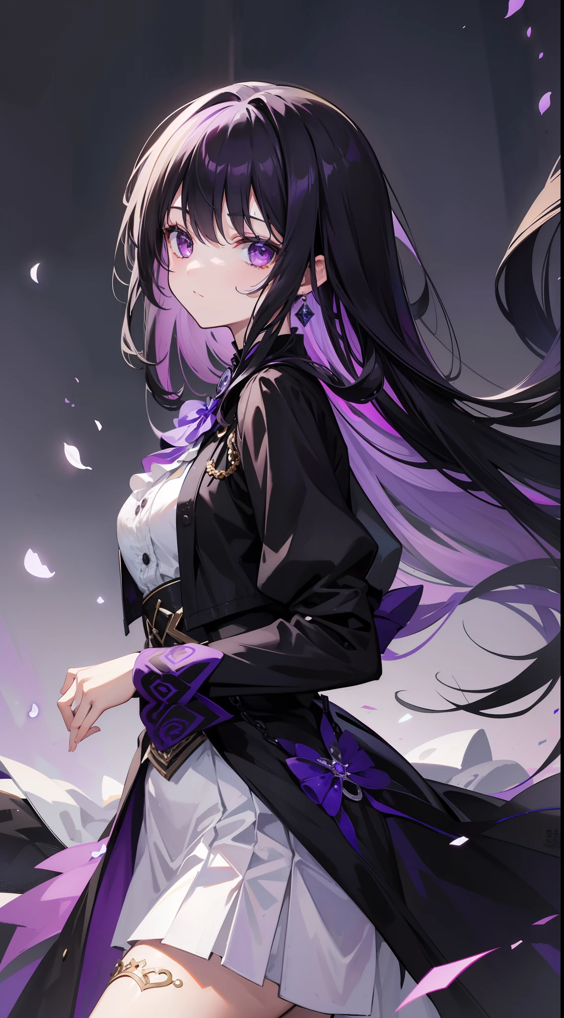 young girl, long dark purple or black hair, violet eyes, Black Rich Closed Clothing, Masterpiece, hiquality, high detail, HD, 4k