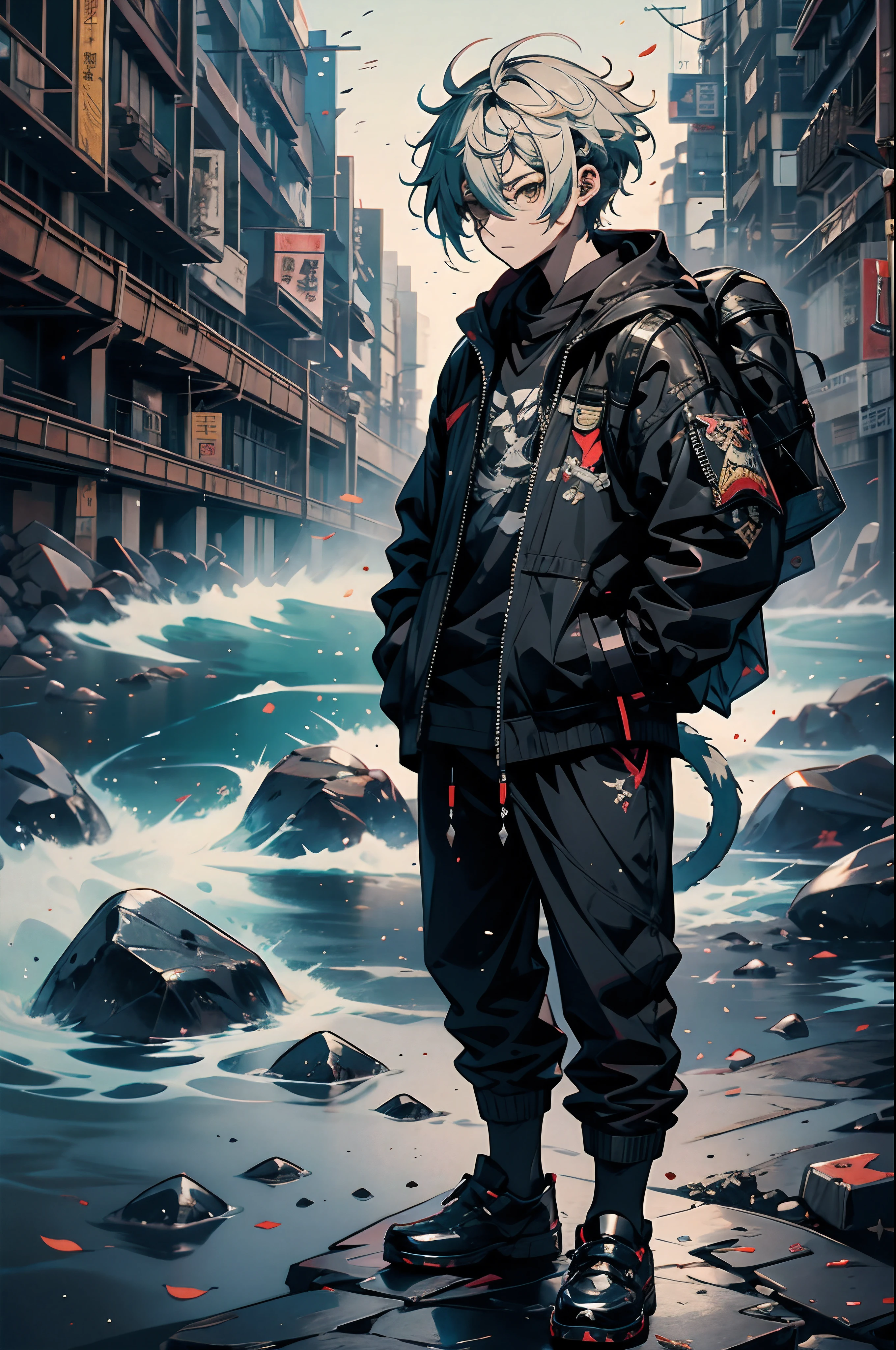 Zhongli (Genshin Impact),man, Against the background of rocks, a black jacket, hands in pockets,drooping tail