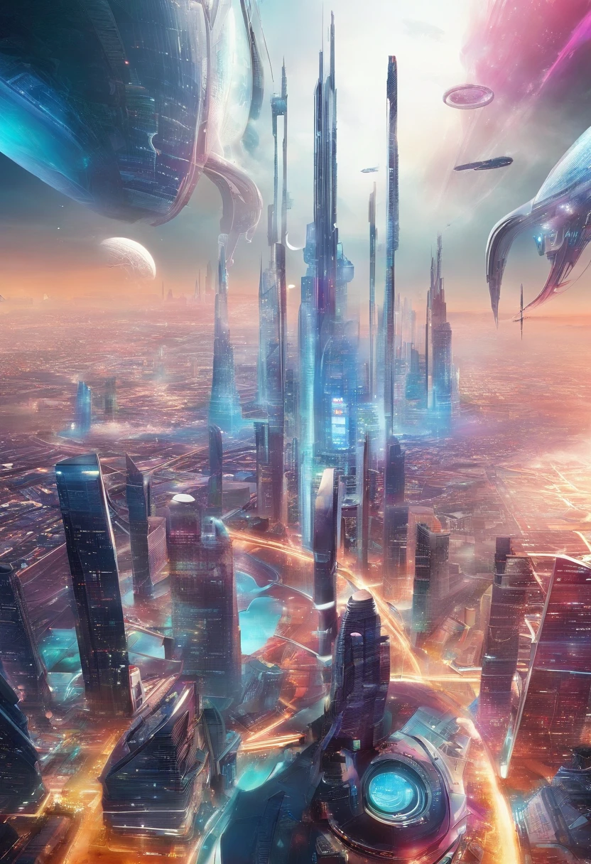 Create a captivating visual of a futuristic metropolis suspended in mid-air, featuring extraordinary architecture defined by sleek, towering buildings pulsating with vibrant neon lights and adorned with intricate digital displays. The entire city should hover gracefully above the ground, embodying a sense of technological marvel and urban sophistication, offering a glimpse into an advanced society of the future."