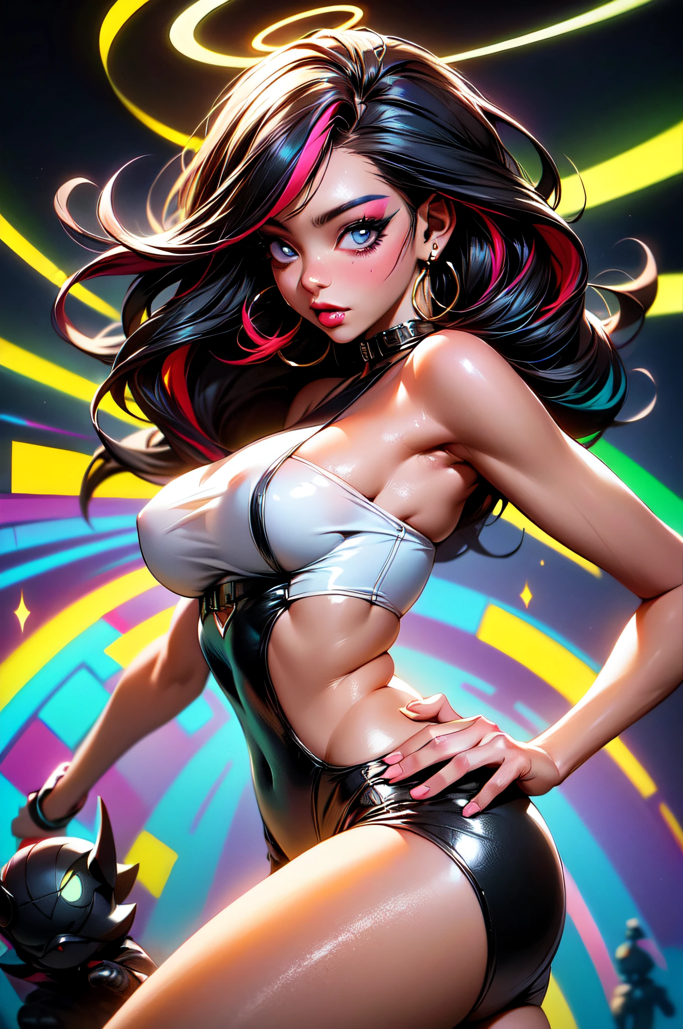 (Obra maestra:1.2), La mejor calidad, (illustration:1.2), (add_detail:1),(Ultra detallado), sexy, Enfoque ocular, (Resplandor magistralmente elaborado, Destello de lente rosa), (cinematic background), hiper detalles, (Detalle delicado) , (Detalles intrincados), Renderizado de octanaje, HDR, (hiper detallado:1.15), (Luz suave:1.2), 1girl, ,(cinematic masterpiece),(dynamic:1.2), tetas grandes, Estallidos de color absolutamente audaces, (Cinematic headlight),((caustic)), Dynamic Angle, Hermoso brillo detallado, ambient-occlusion, Luz ambiental, Reflejos trazados por rayos,((CinematicLight)), (Suave:1.8), (Nefilim:1.2), , , sexy, splendid, cuerpo perfecto, ojos sexys, boca sexy, Gotas de pintura arco iris, al aire libre, (cabello multicolor bioluminiscente:2),(ojos brillantes),(ojos sexys y boca sexy), ((maquillaje)) ,halo, cuernos de demonio, Ala de demonio, Alas en la espalda, medio demonio, Orejas de demonio, Alas negras, (Aura radiante), (Half Angel), sexy, seductor, Manos perfectamente dibujadas, 4 dedos, 1 pulgar, Forma realista de la mano