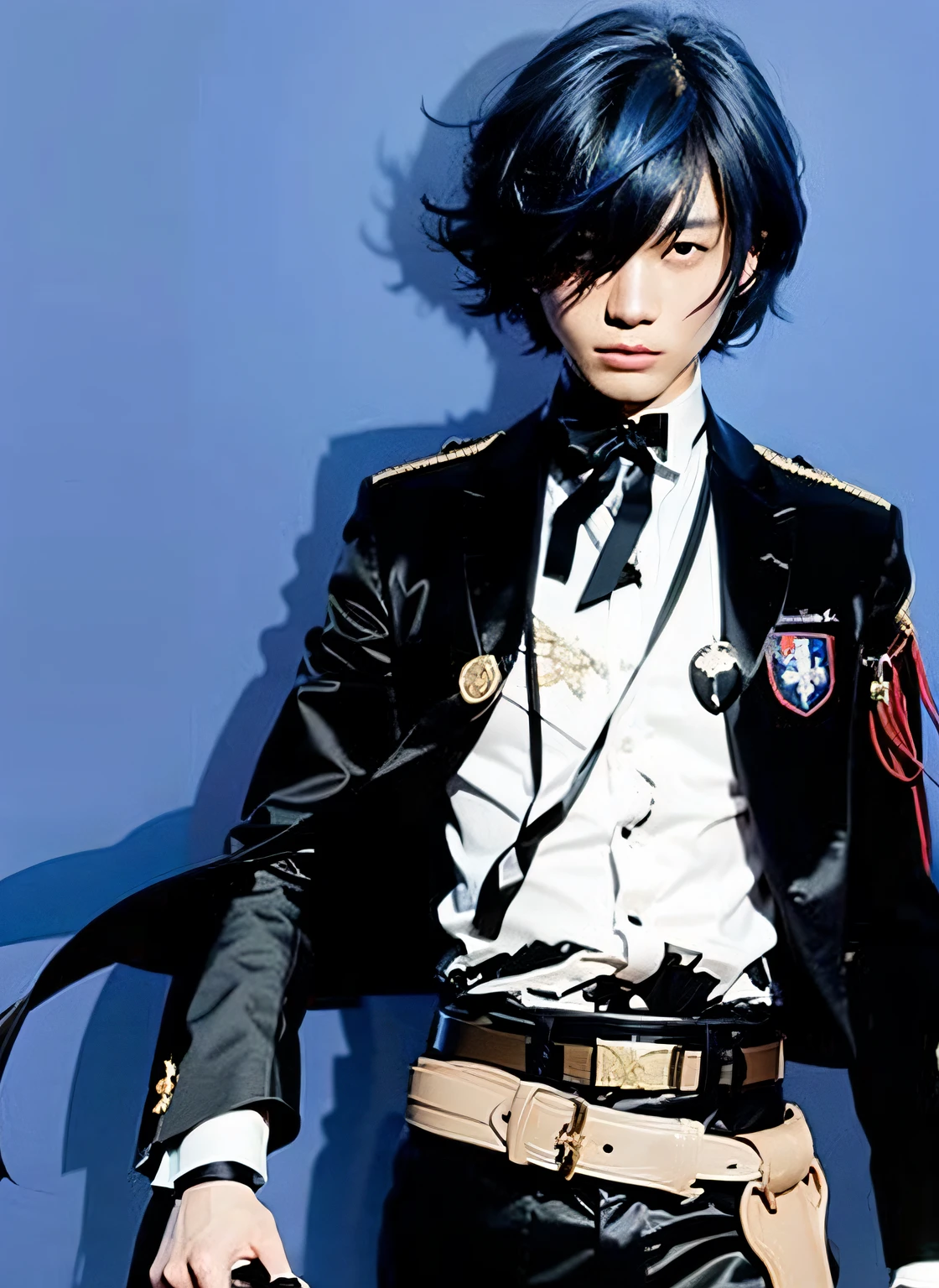 a young Japanese man wearing black suit with blue hair, ultra realistic, high quality, detailed face