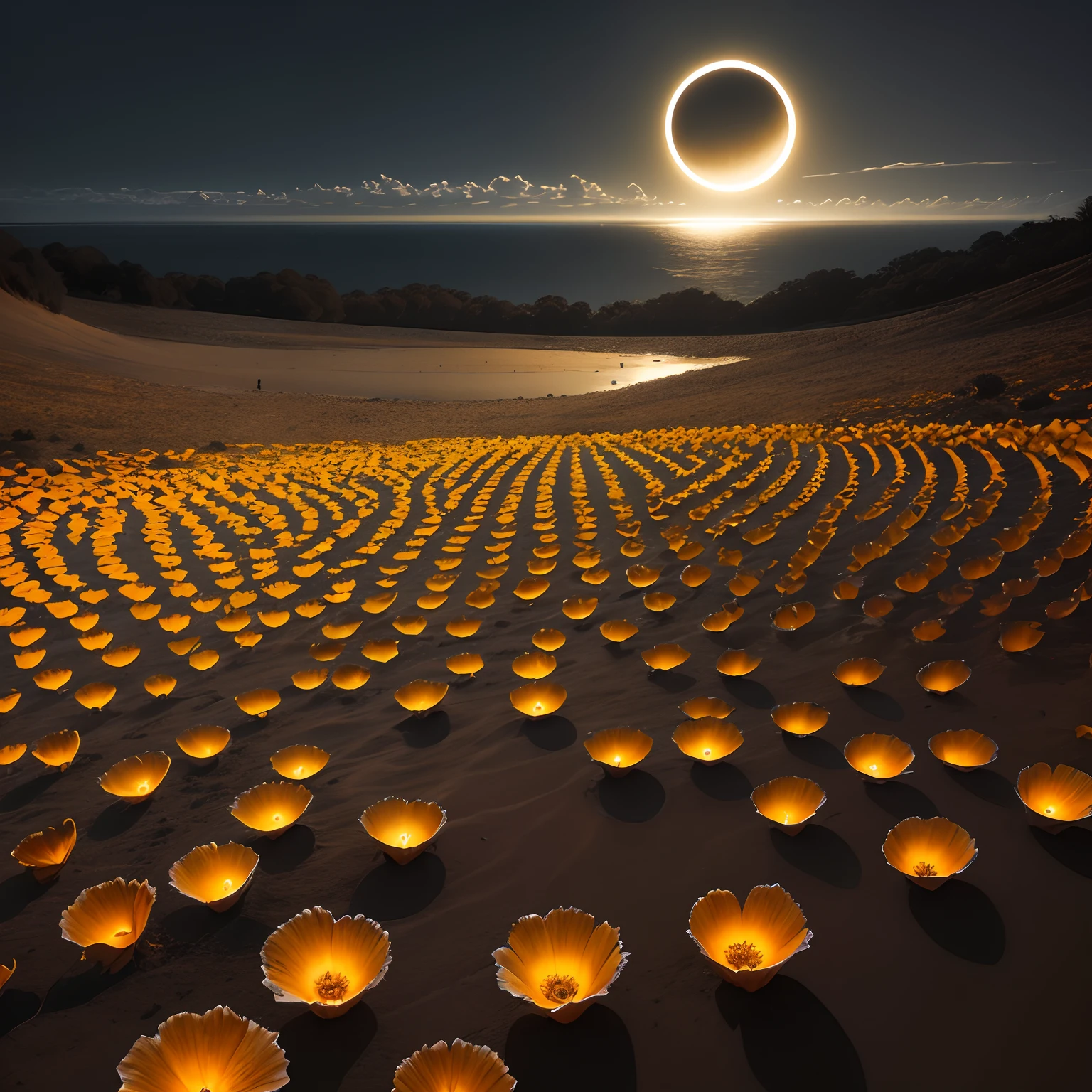 black and dark sky, paisagem com um eclipse laranja, meia lua, realistc, lua crescente laranja, black sky