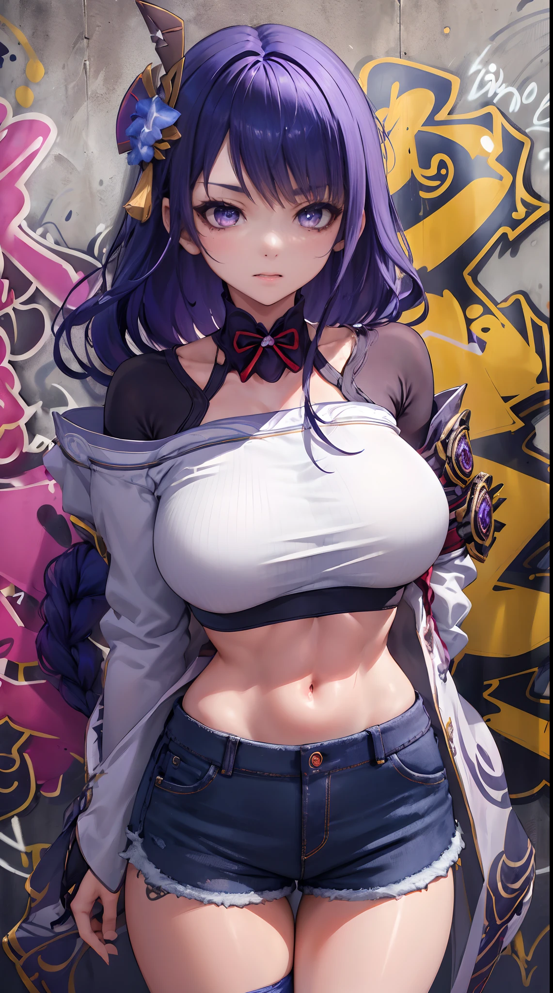 Raiden Shogun Genshin Effects Effects, master-piece, bestquality, 1girls, bara, crop top, Black long sleeve coat, shorts jeans, choker, (Graffiti:1.5), color splashes, arm behind back, against wall, looking at the audience, bracelet, Thigh strap, Head tilt, bored, multicolored hair, water eyes, headset,