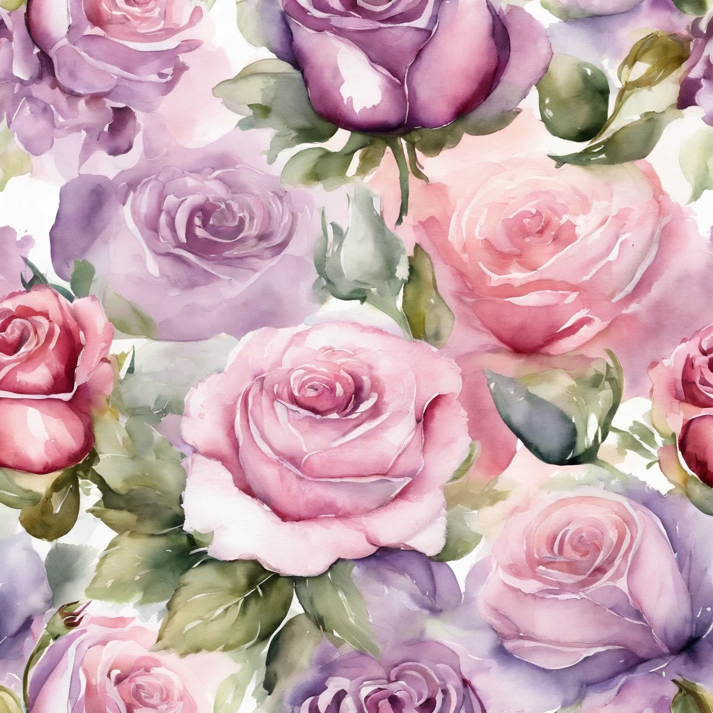 Bouquet of luxurious roses　Pale purple rays　Delicate watercolor flowers in pink and bright rose shades, Captivating illustrations.