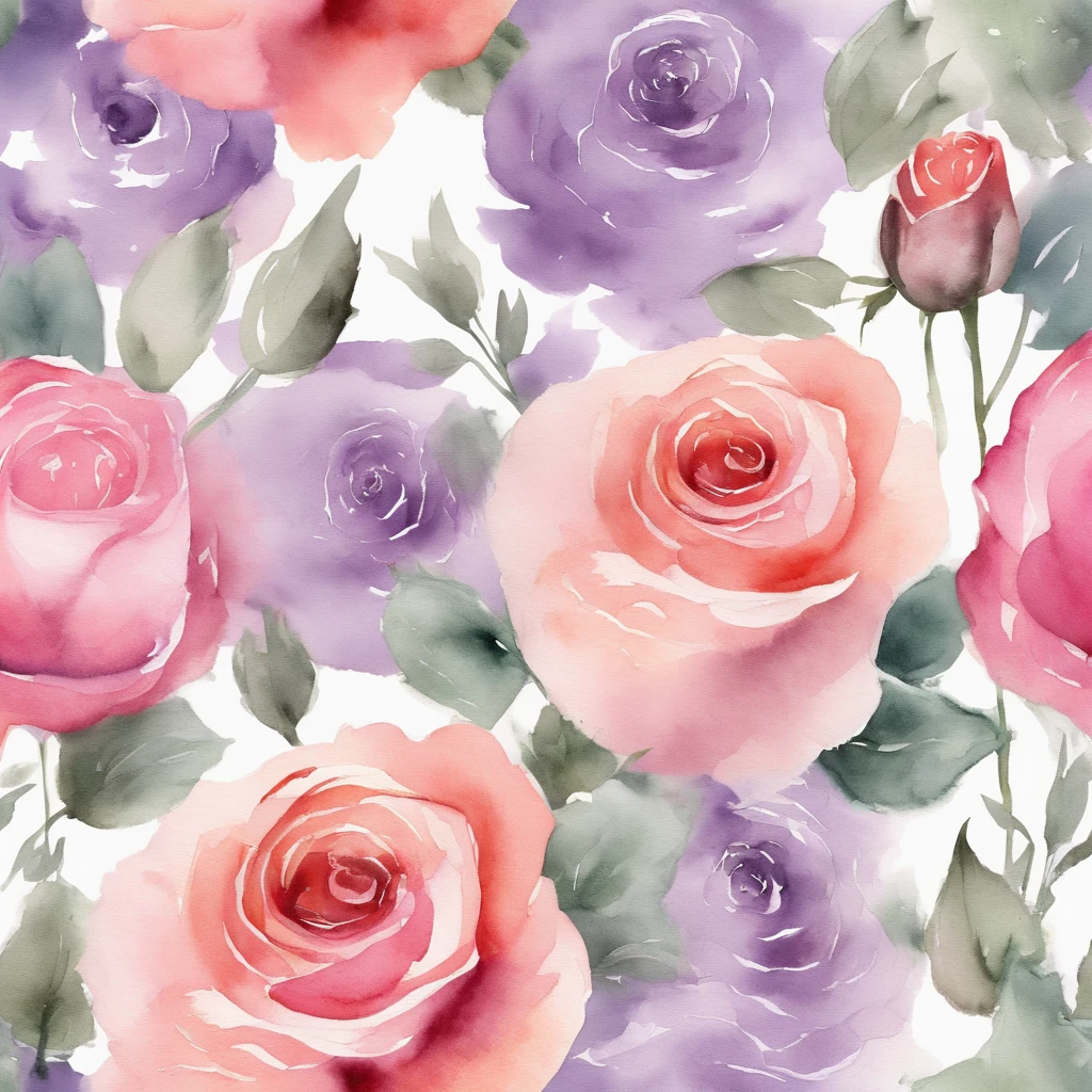 Bouquet of luxurious roses Pale purple rays Delicate watercolor flowers in pink and bright rose shades, Captivating illustrations.