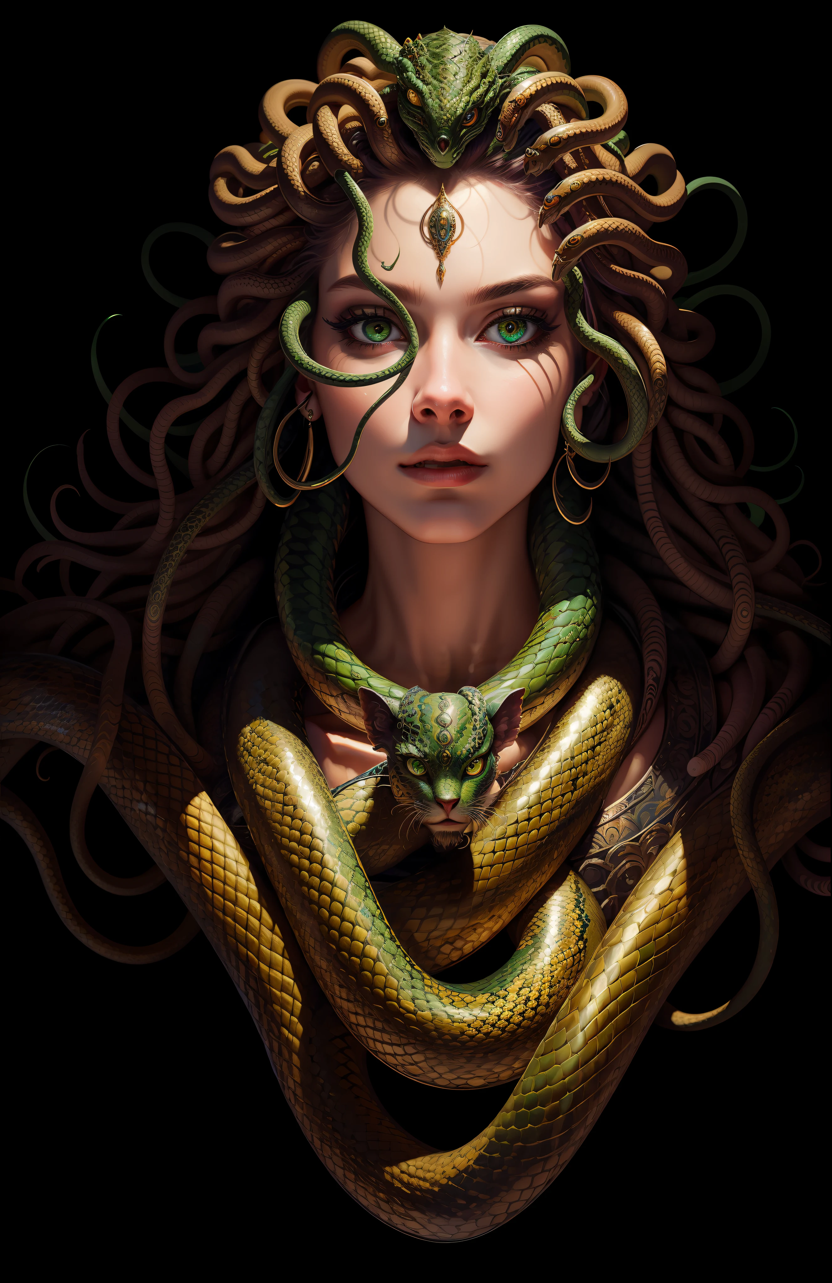 18-year-old girl with a snake wrapped around her neck, suas muitas cobras como cabelo;, mulher cobra, Snake woman hybrid, Rainha das Cobras, com cobras para cabelo, sil from species, Rainha escura das cobras, covered with tentacles, cobras no cabelo, snake human hybrid, Senhora com cara de cobra, inspirado em Igor Morski, wrapped in black tentacles