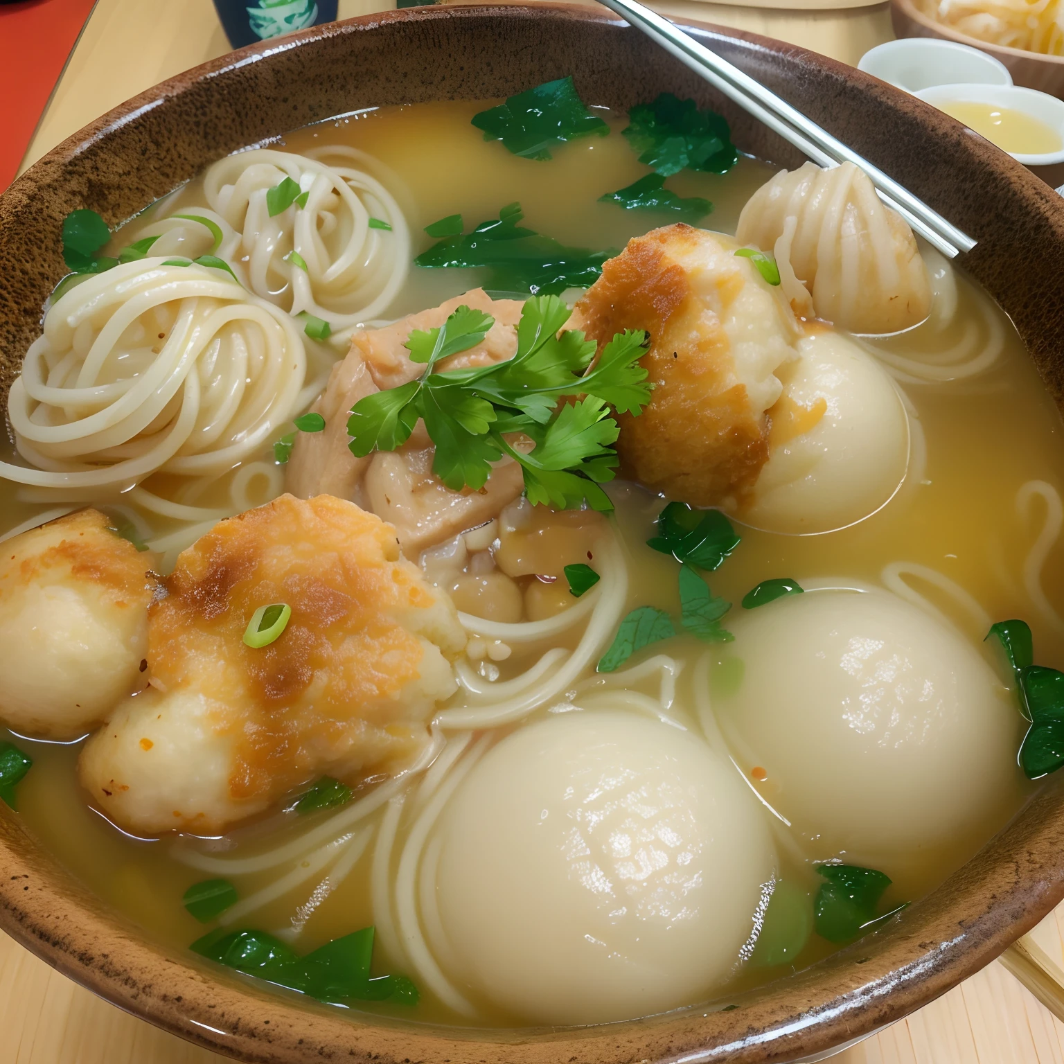 best qualtiy,真实感,hyper-detailing,Real lighting,delicacies,1 bowl,Fish balls thick noodles,It was delicious,The soup is rich,Very appetizing