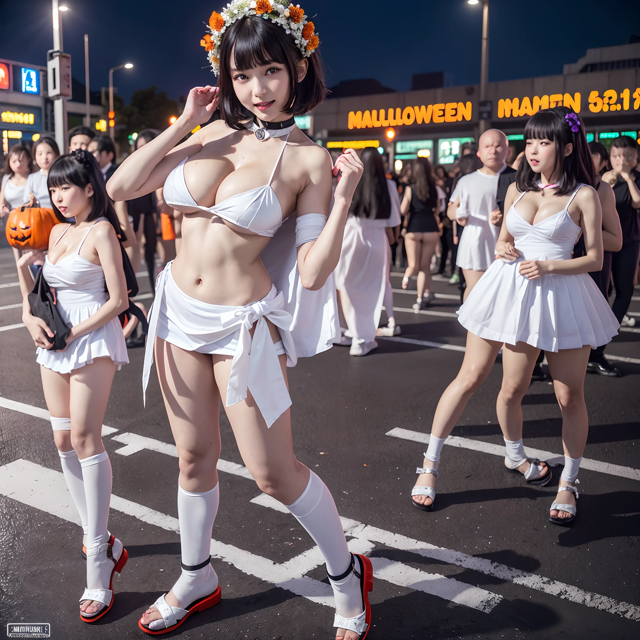 (Halloween、12 Schoolgirls,Shibuya Station Scramble Crossing:1.2), (masterpiece:1.2, best quality, photorealistic:1.37), {(Standing Full Body:1.2)|(from below:1.2)}, short silver hair, (naked bandage), (Detailed KAWAII face, Detailed Oily Porcelain skin), {Bustling street|(Passerby schoolgirls)| halloween| neon| spider web}, {(Childish:1.2|Gigantic Cleavage:1.37|Underboob:1.2)}, {flower wreath|Red leather high collar}, {Floating hair|Strong wind|Ass focus},{:p|:d|laugh|sparkle|joyful|delighted},