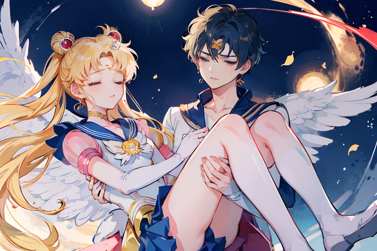 1boy,1girl,princess carry, eternal sailor moon, closed eyes, parted lips, pain