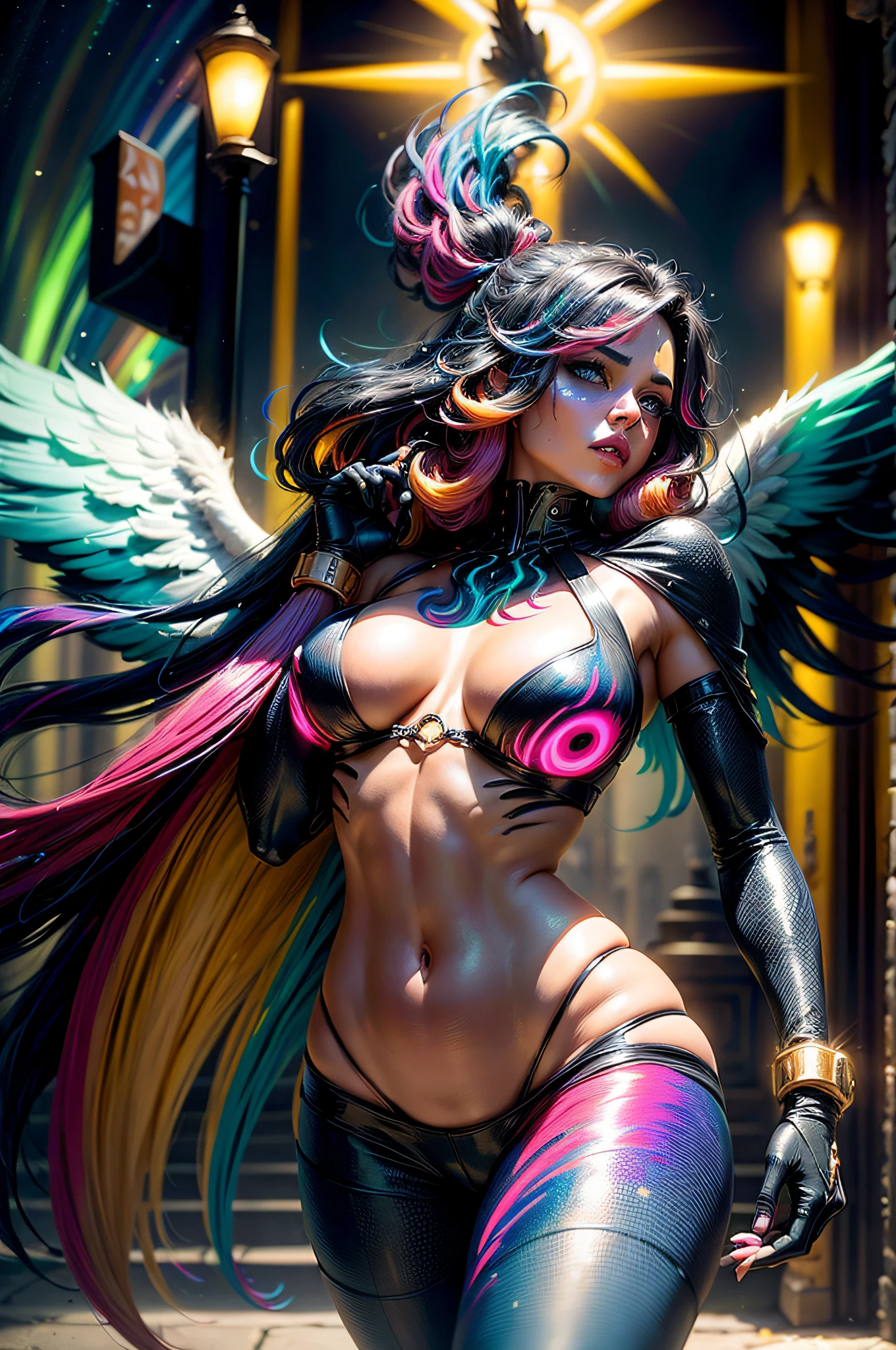 (Obra maestra:1.2), La mejor calidad, (illustration:1.2), (add_detail:1),(Ultra detallado), sexy, Enfoque ocular, (Resplandor magistralmente elaborado, Destello de lente rosa), (cinematic background), hiper detalles, (Detalle delicado) , (Detalles intrincados), Renderizado de octanaje, HDR, (hiper detallado:1.15), (Luz suave:1.2), 1girl, ,(cinematic masterpiece),(dynamic:1.2), tetas grandes, Estallidos de color absolutamente audaces, (Cinematic headlight),((caustic)), Dynamic Angle, Hermoso brillo detallado, ambient-occlusion, Luz ambiental, Reflejos trazados por rayos,((CinematicLight)), (Suave:1.8), (Nefilim:1.2), , , sexy, splendid, cuerpo perfecto, ojos sexys, boca sexy, Gotas de pintura arco iris, al aire libre, (cabello multicolor bioluminiscente:2),(ojos brillantes),(ojos sexys y boca sexy), ((maquillaje)) ,halo, cuernos de demonio, Ala de demonio, Alas en la espalda, medio demonio, Orejas de demonio, Alas negras, (Aura radiante), (Half Angel), sexy, seductor, Manos perfectamente dibujadas, 4 dedos, 1 pulgar, Forma realista de la mano