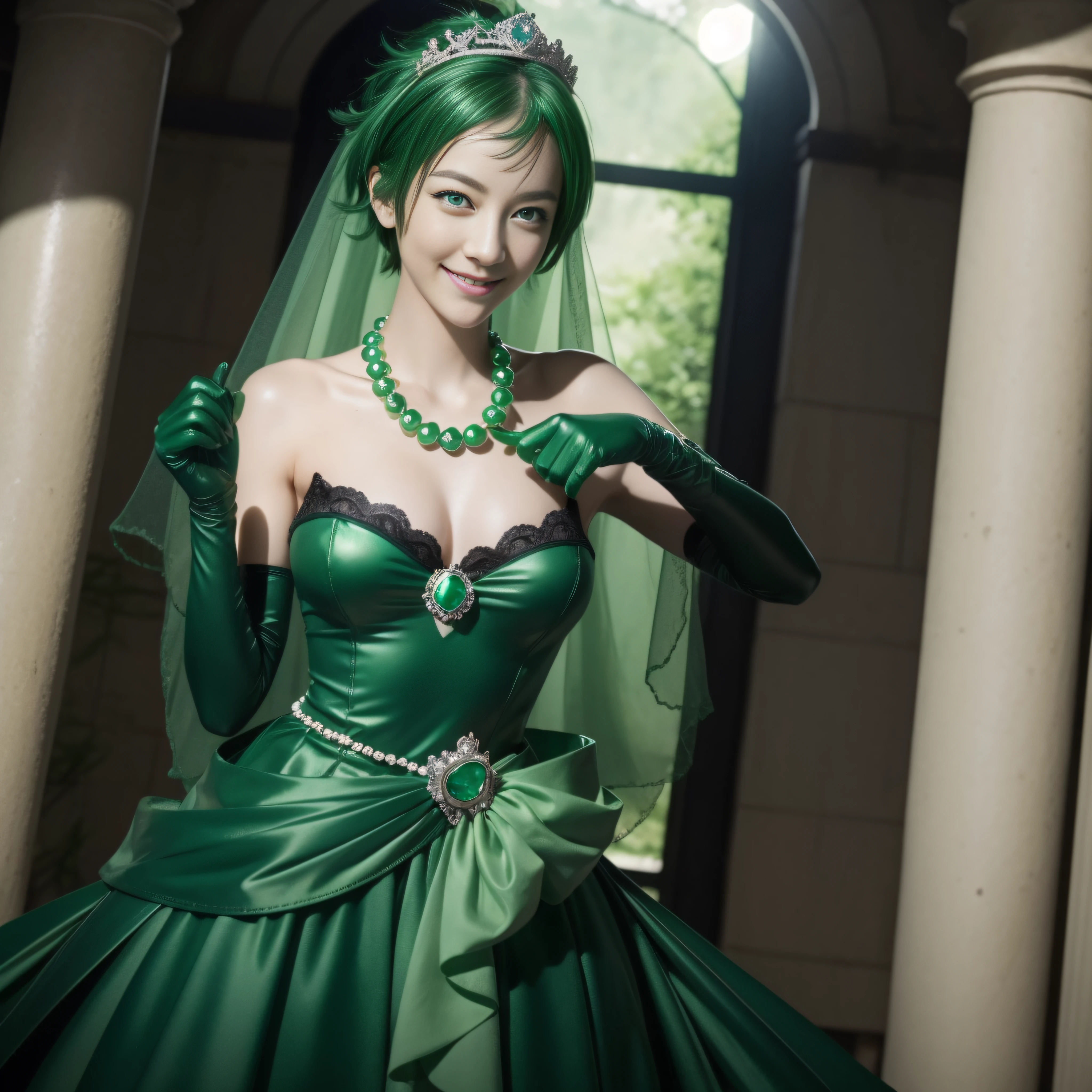 emerald tiara, Green Pearl Necklace, Boyish very short green hair, lipsticks, Japan woman smiling, very short short hair, big breasts beautiful, Green eyes, Long green gloves made of satin material, Green eyes