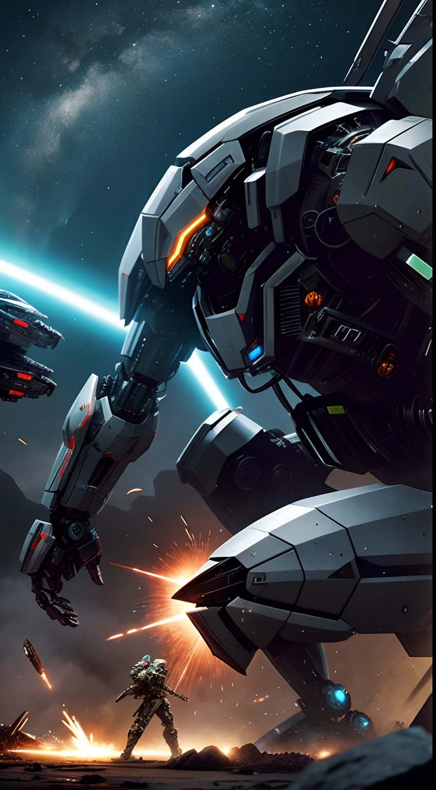 Illustrate the mecha hero in an epic battle, facing off against a colossal alien creature, with sparks flying and energy weapons charging.
