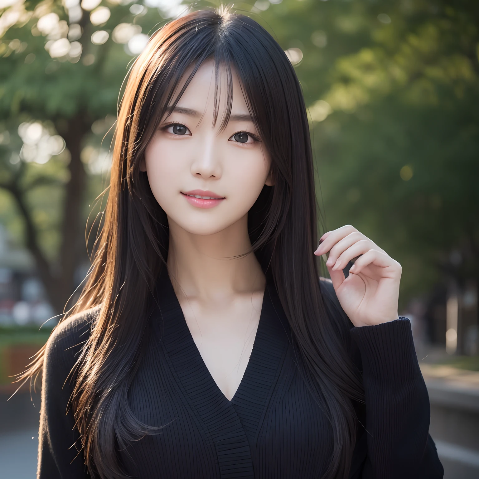 (full body shot:0.3), (Korean:1.1), (Japanese:1.3), 1 girl, city, long black hair, show background, 35 years old, wearing stylish clothes, masterpiece, 8K, (Realistic, Photorealistic:1.27), (highly detailed skin:1.2), Ultra-high resolution, (lenz 50mm), (Looking to viewer:1.7), (Natural lighting:1.3), seductive smile, (fine face detail:1.3), (Fine Eyes detail: 1.2), (Clear Face), (Detailed Face Description), (Detailed Hand Description), Extreme Light and Shadow, Shiny Skin,