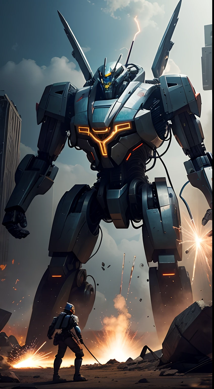 Illustrate the mecha hero in an epic battle, facing off against a colossal alien creature, with sparks flying and energy weapons charging.